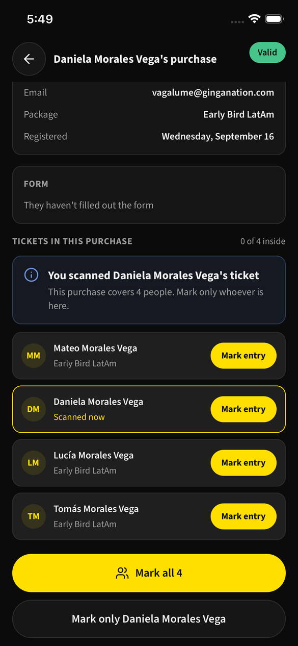 A group purchase: the buyer's name at the top and the sibling tickets listed underneath, each with its own state