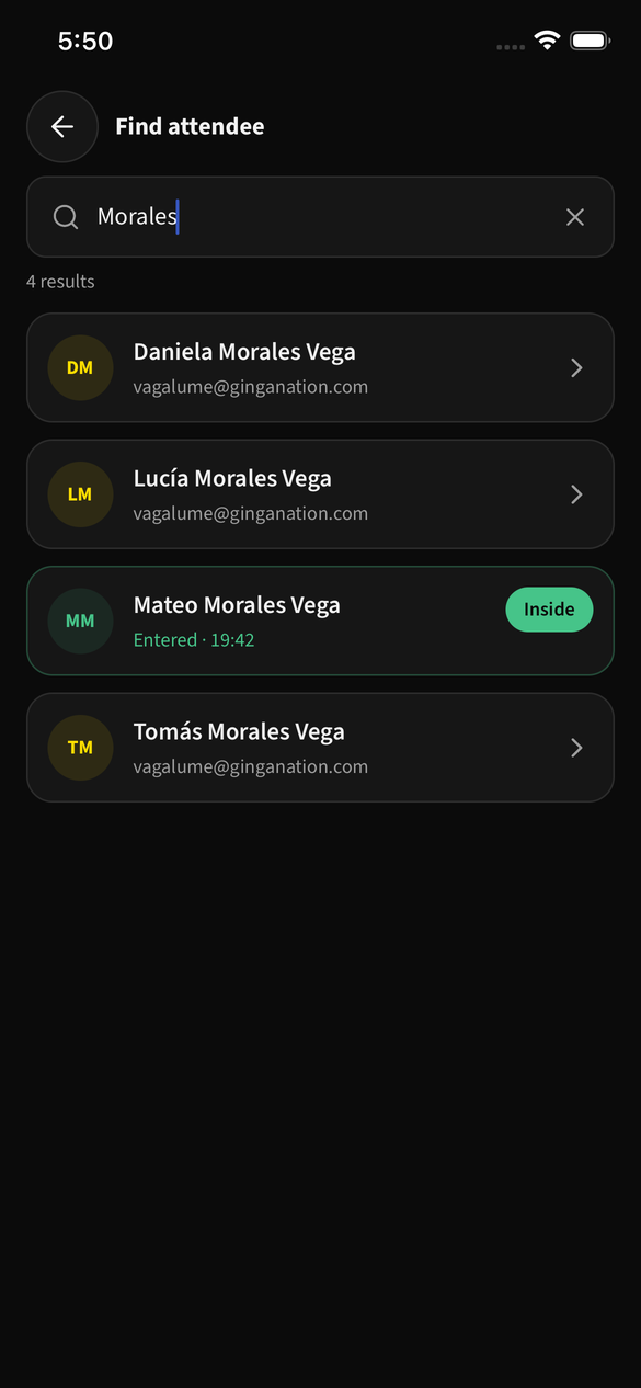 Manual search results, each row showing whether that person is already inside and at what time