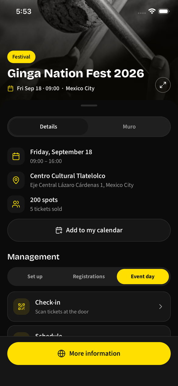 The Event day phase of the management panel, with the Check-in row and its QR icon