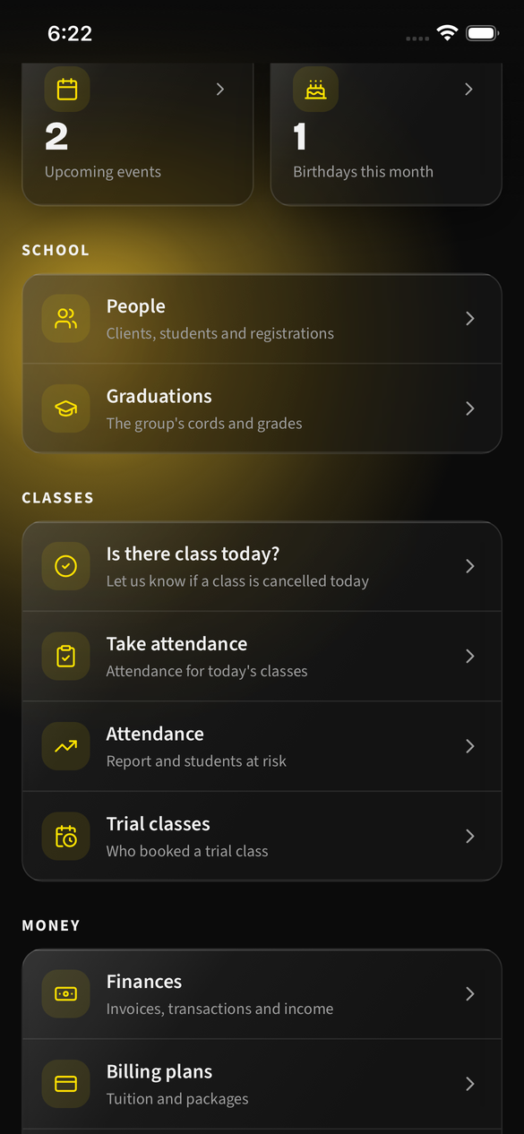 The Classes section of the Manage school menu, with Is there class today? at the top of it