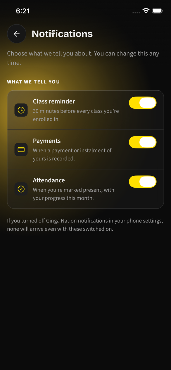The Notifications settings screen with the three per-type switches and the note about the phone's own notification settings