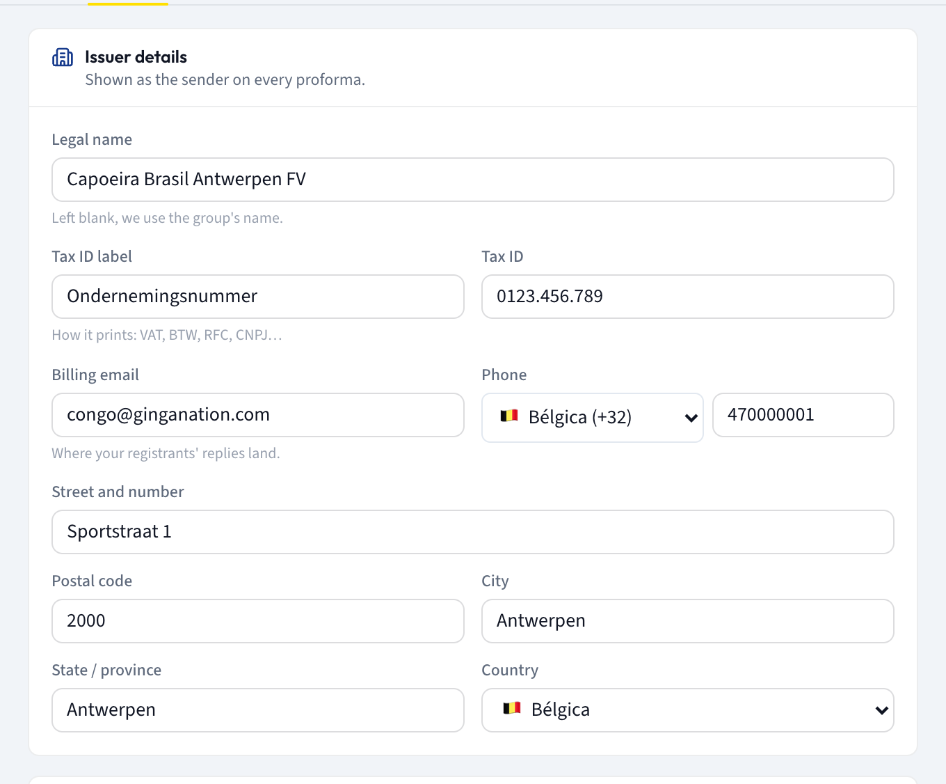The Issuer details panel on Settings → Billing with legal name, tax ID label, tax ID, billing email and address fields