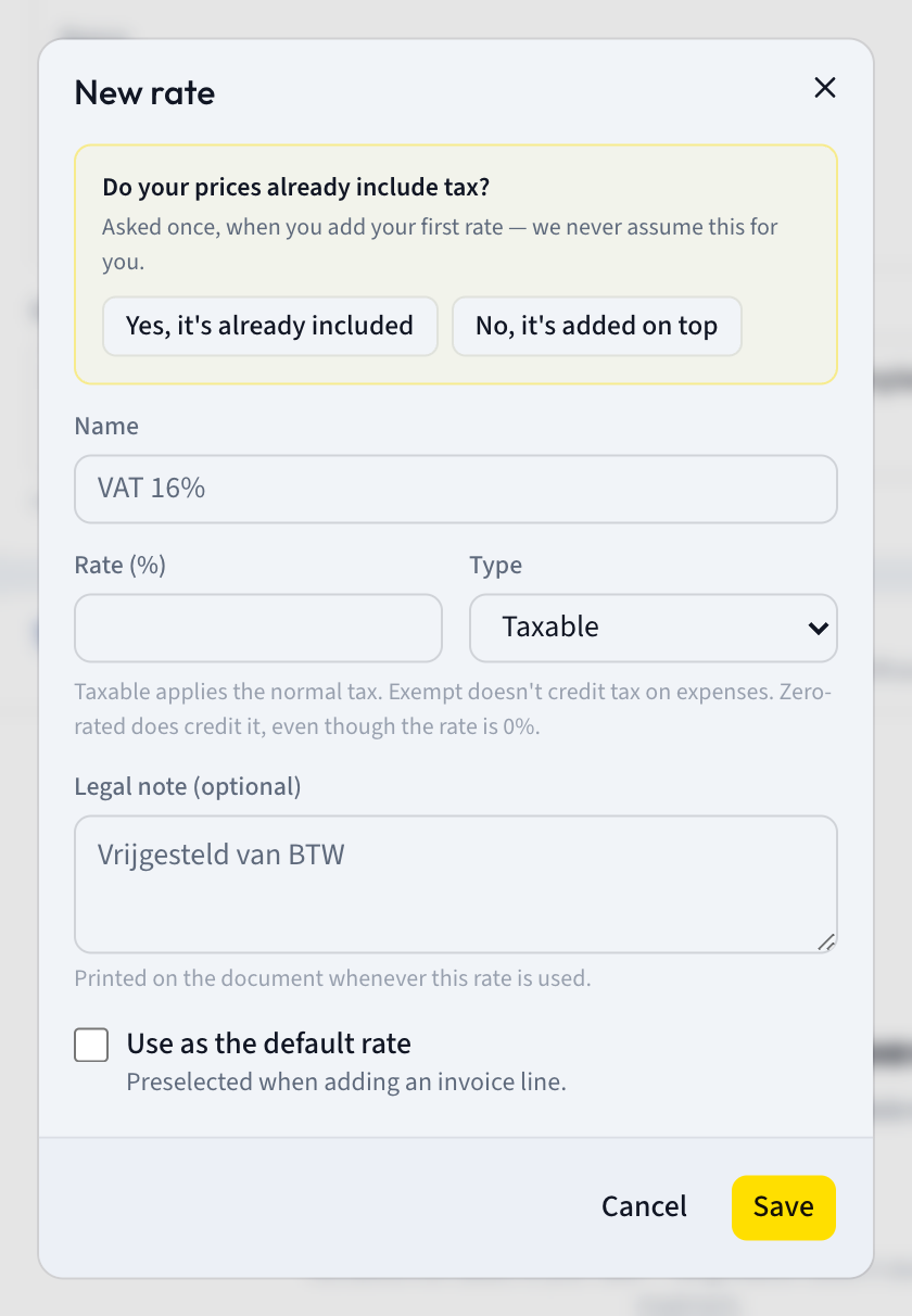 The New rate dialog with the prices-include-tax question at the top, then Name, Rate, Type, Legal note and the default checkbox