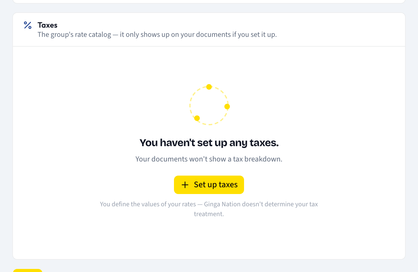 The Taxes panel showing the empty state You haven't set up any taxes with the Set up taxes button