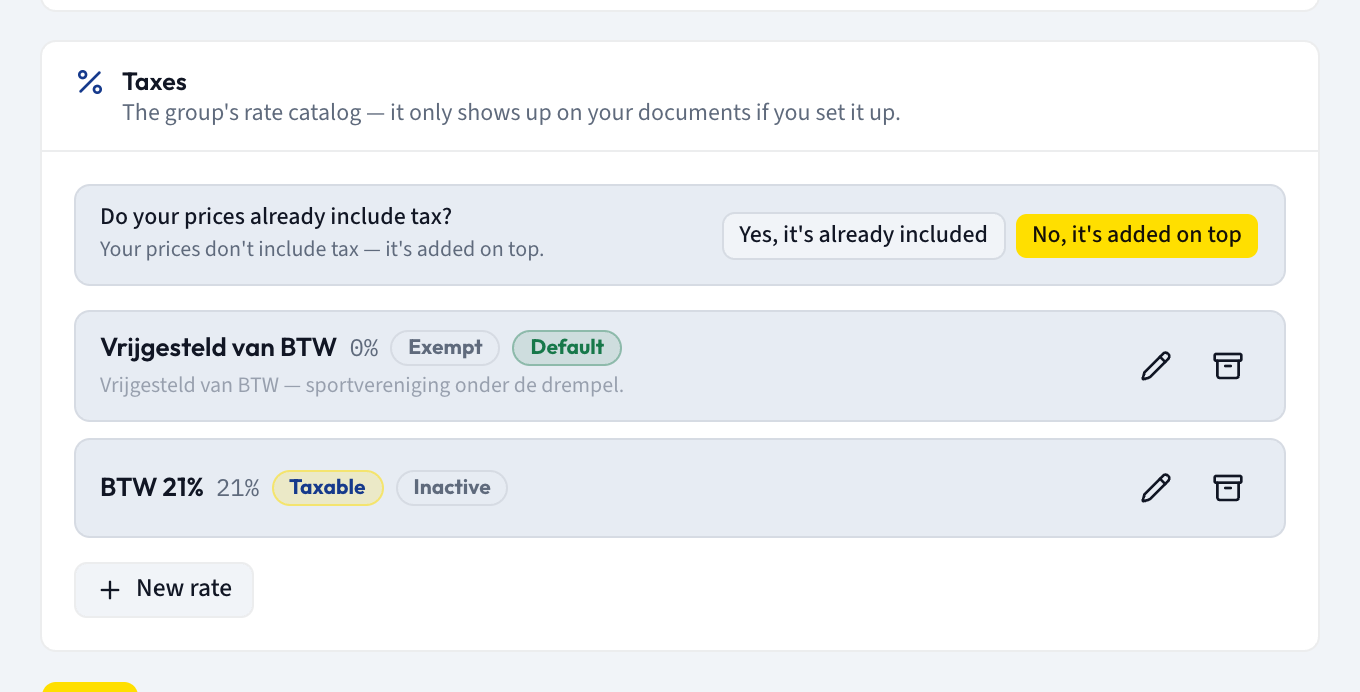 The Taxes panel listing configured rates with Type and Default badges, above them the prices-include-tax row with Yes and No buttons