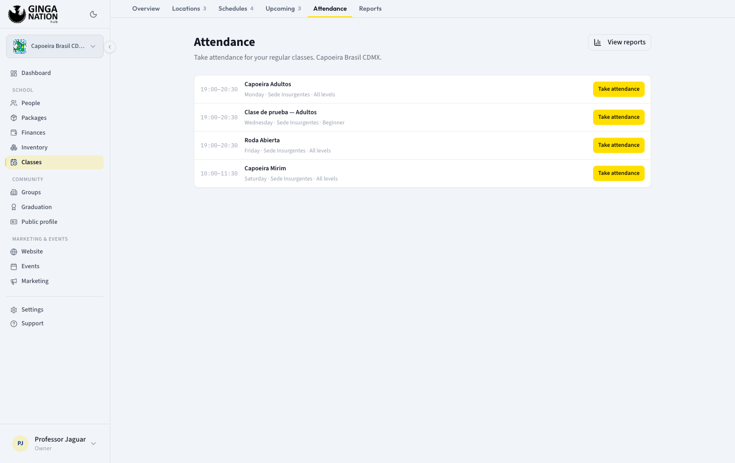 The Attendance tab with a Today's classes block above the full list of active schedules