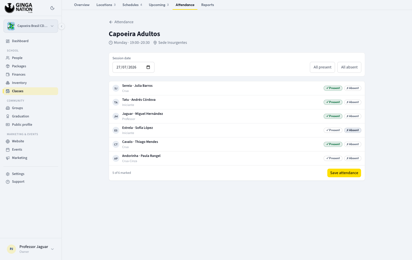 The take-attendance screen with the session date, All present and All absent buttons, and Present/Absent toggles per student