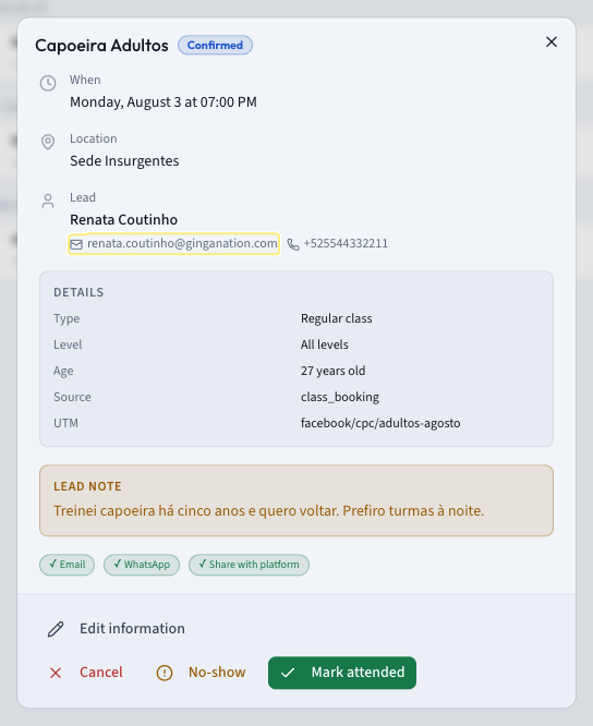A booking detail panel showing lead contact details, consent badges and the Mark attended, No-show and Cancel buttons