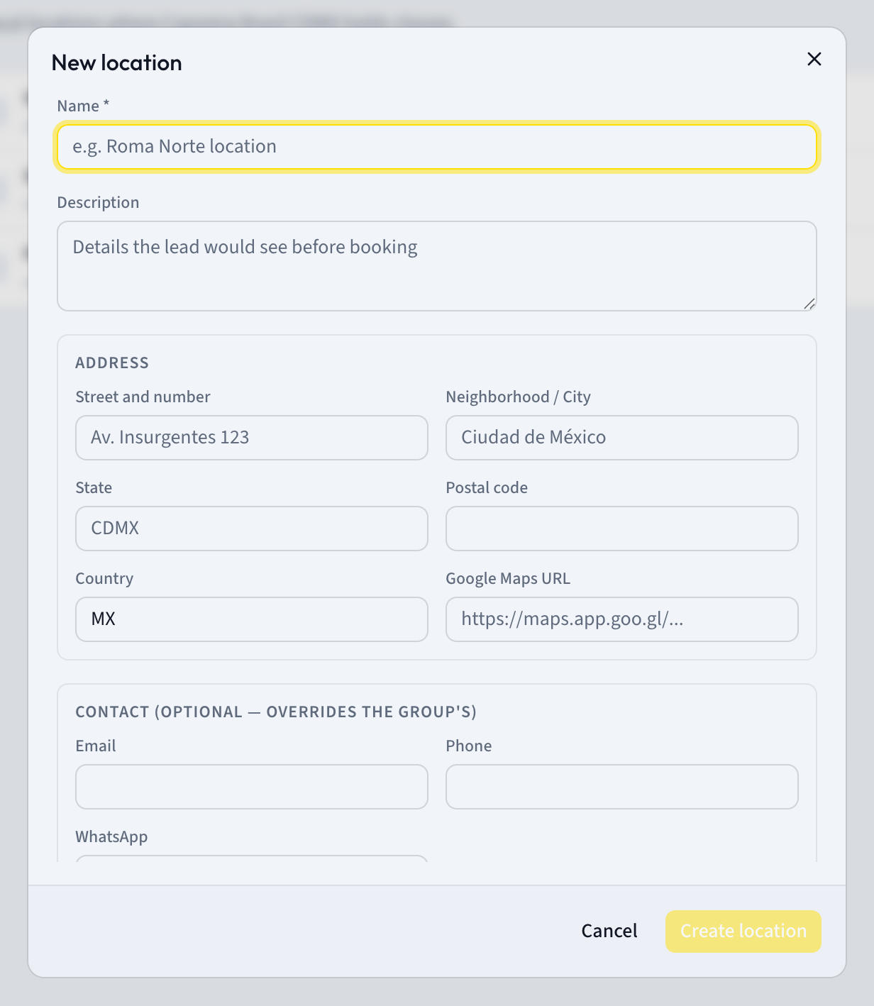 The New location form with the Name field, the Address section and the Active location checkbox