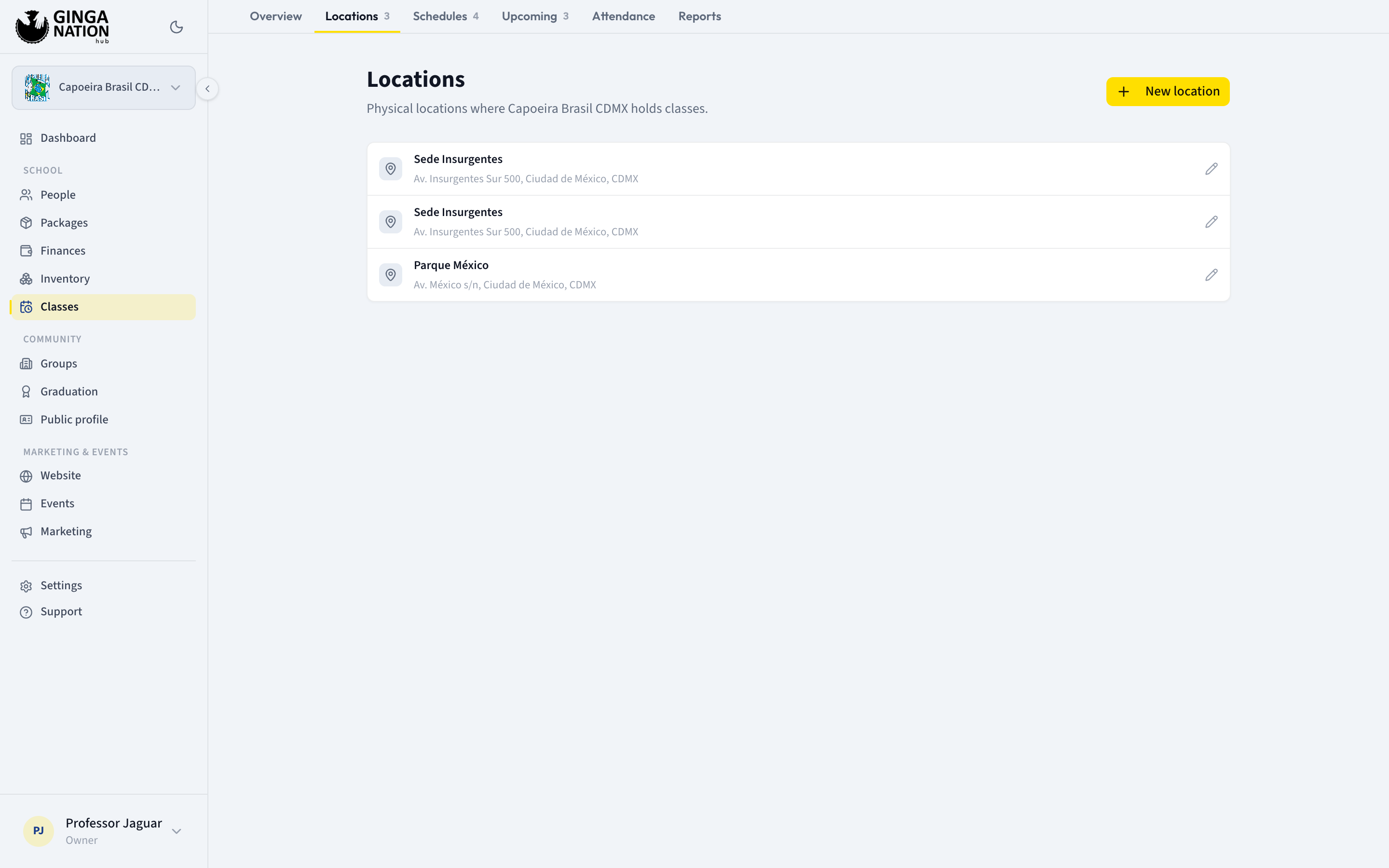 The Locations tab listing one location with its street and city underneath