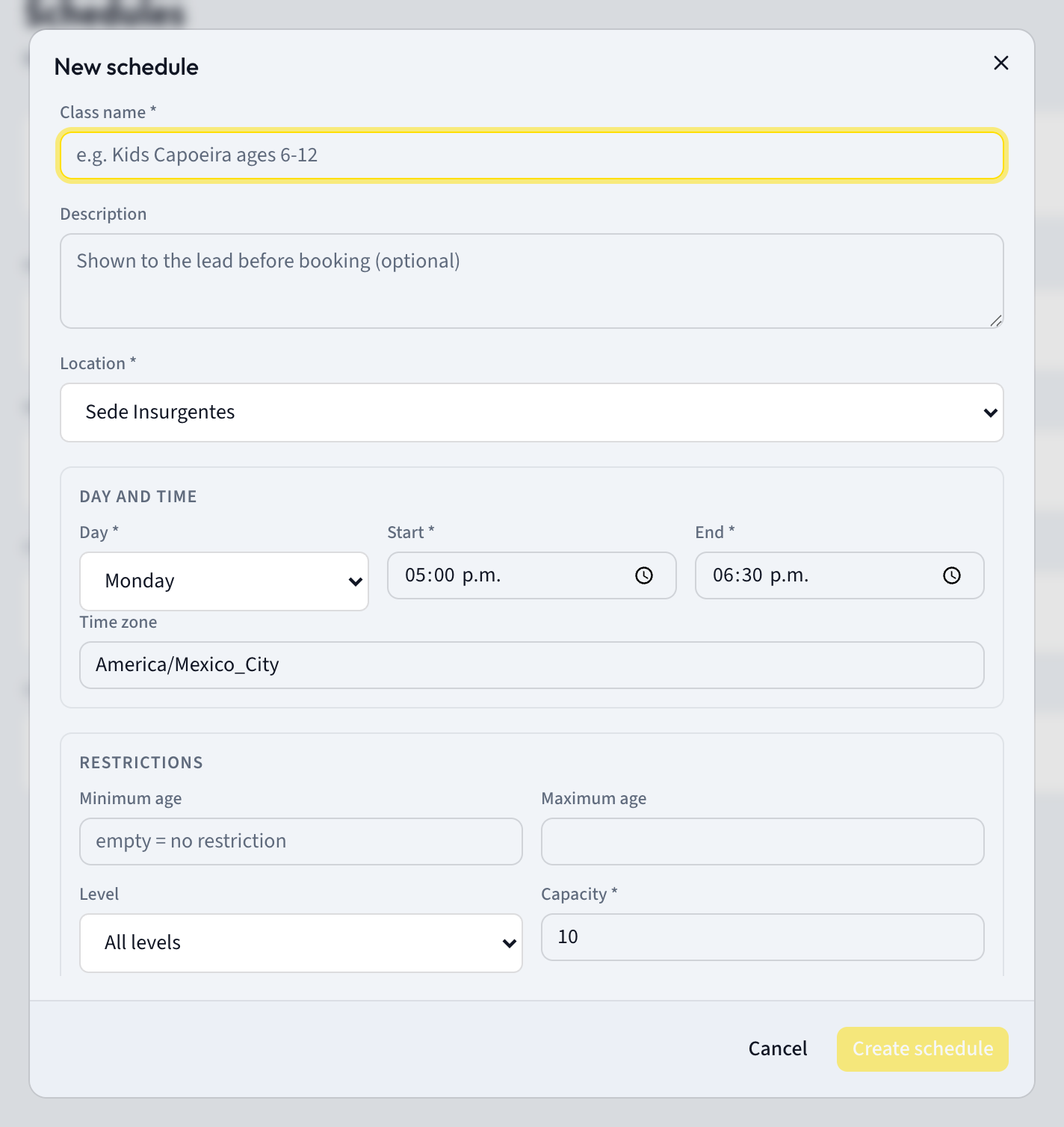 The New schedule form showing the Day and time section with Day, Start, End and Time zone