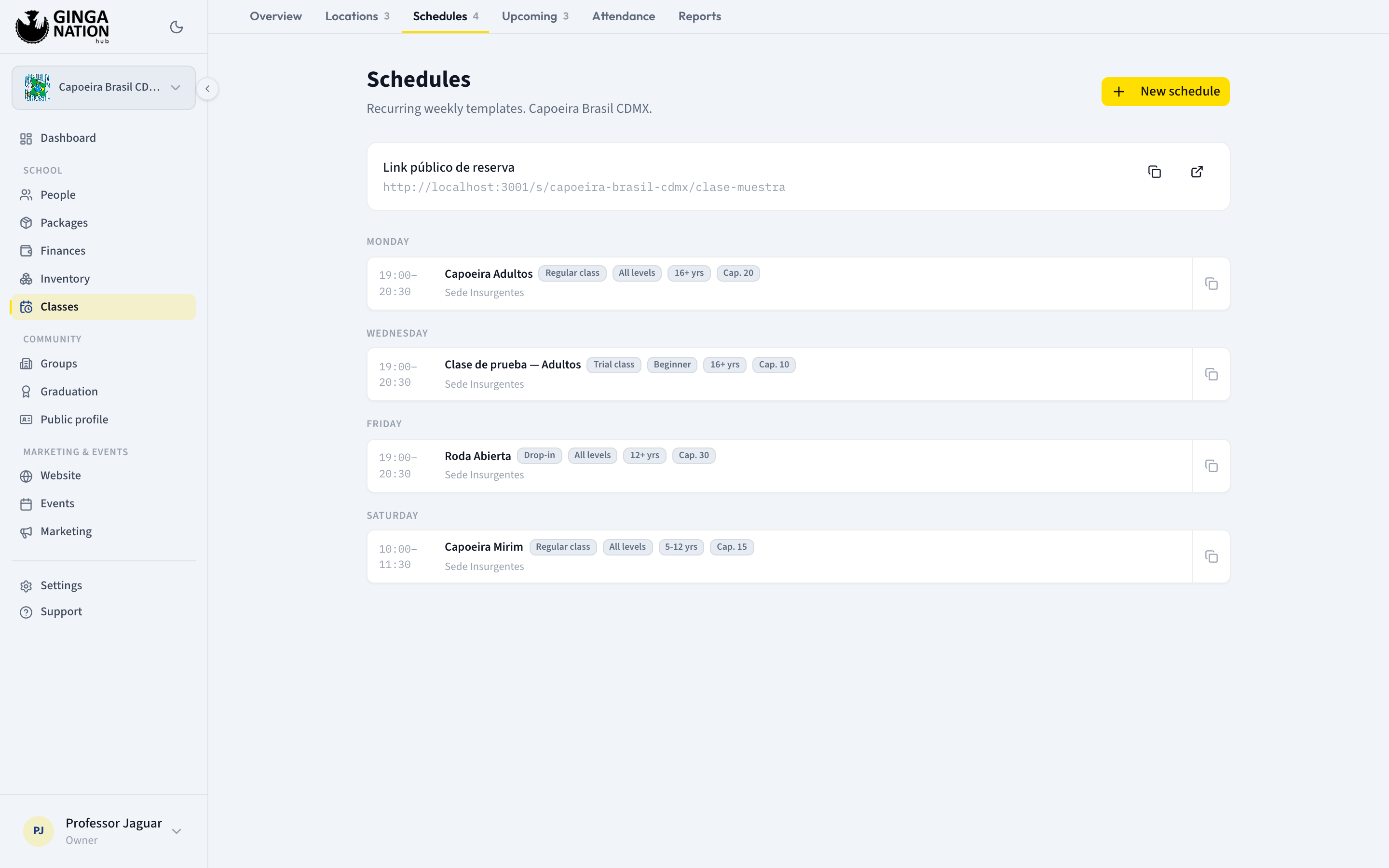 The Schedules tab with weekly classes grouped by weekday, each showing time, name, type, level and capacity