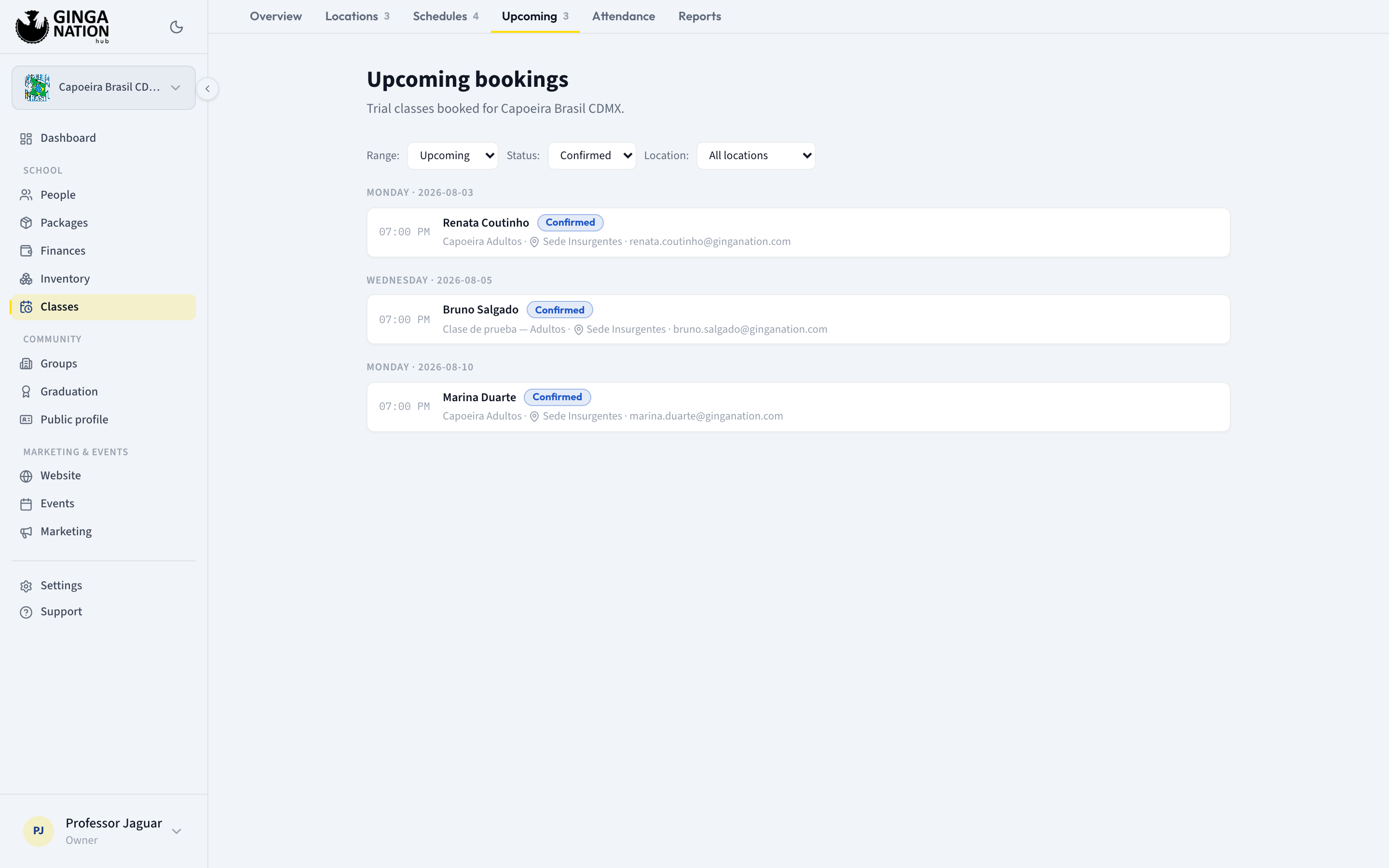 The Upcoming tab with the Range, Status and Location filters above bookings grouped by date