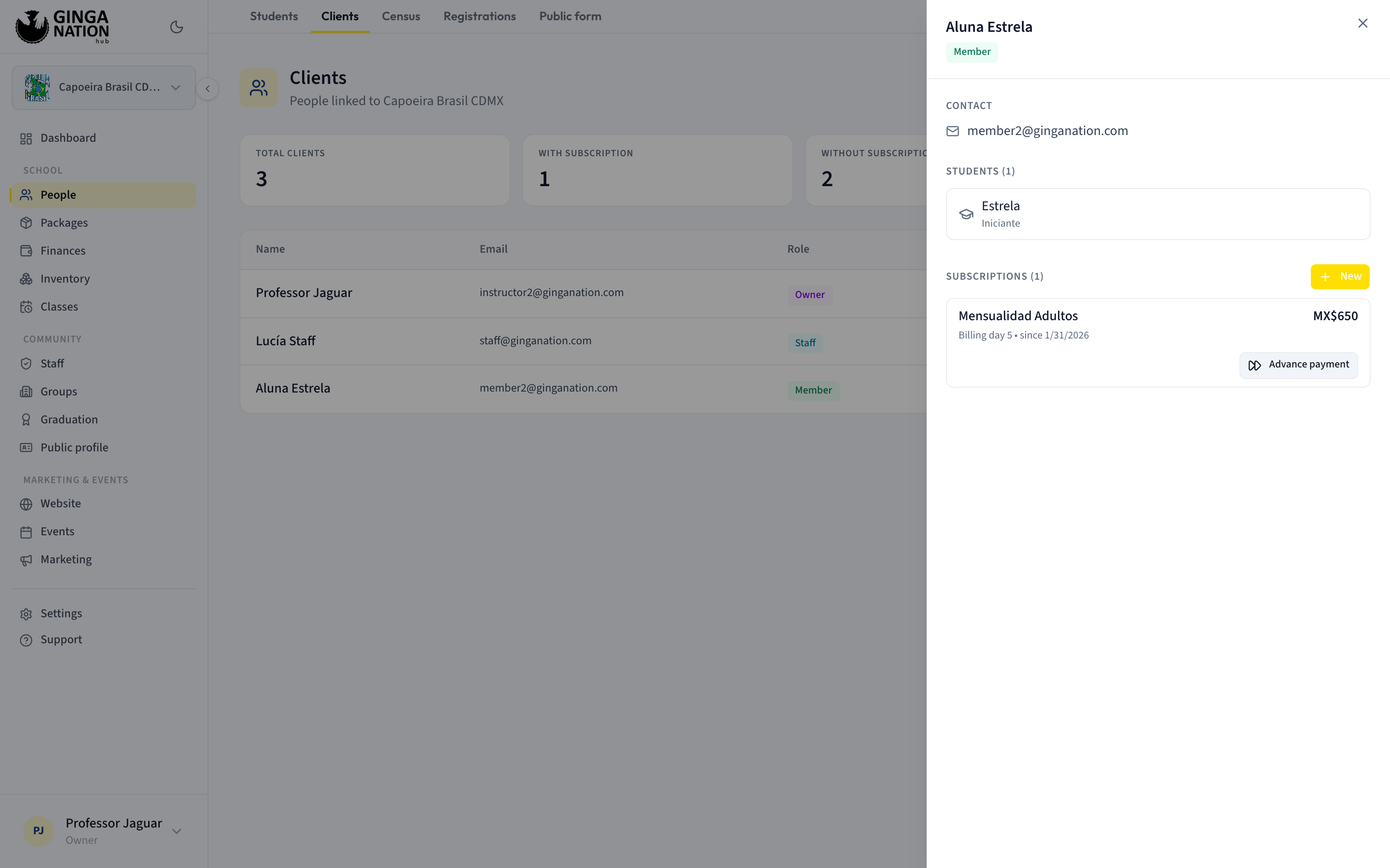 The client panel showing Contact, the Students section and a Subscriptions card with the Advance payment button
