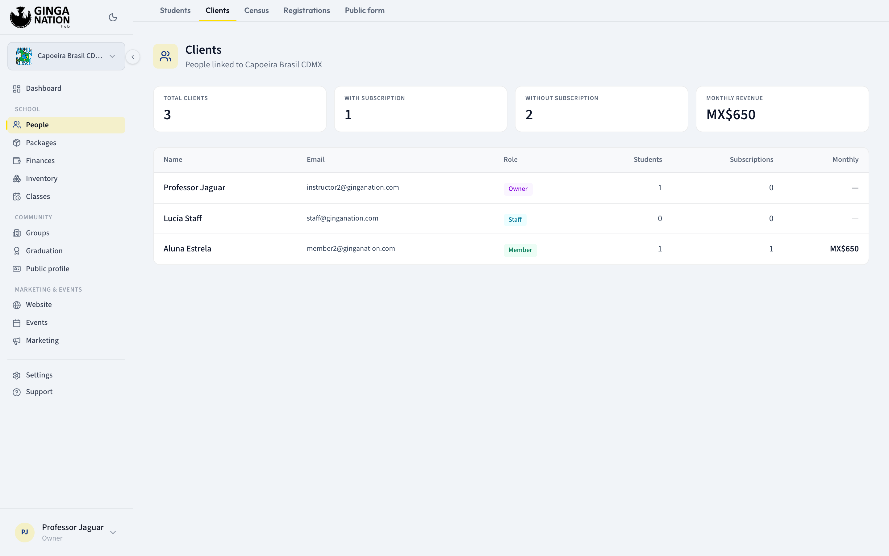 The Clients tab with the four counters on top and one row per person showing role, students, subscriptions and monthly amount