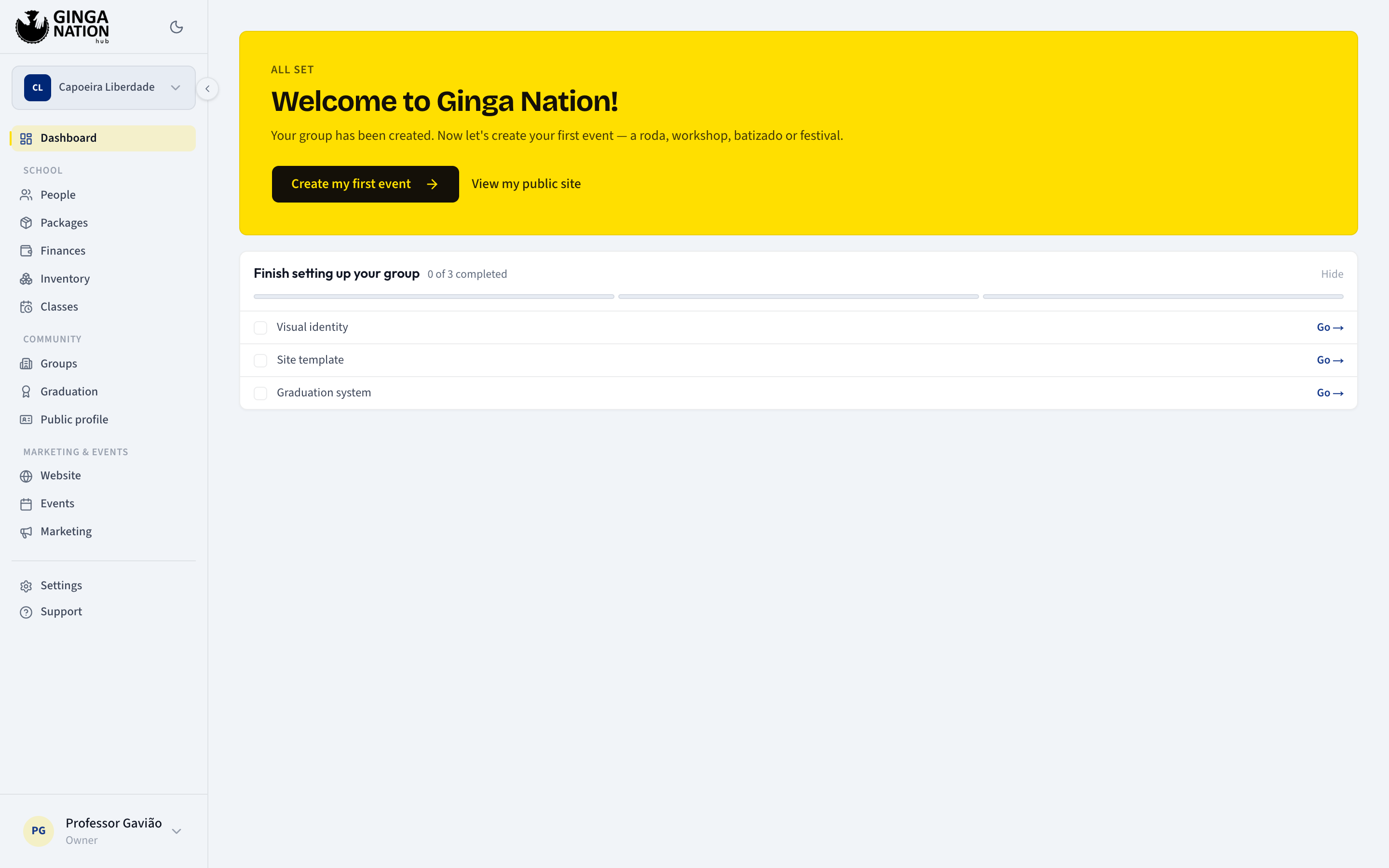 The dashboard welcome panel with the Finish setting up your group checklist