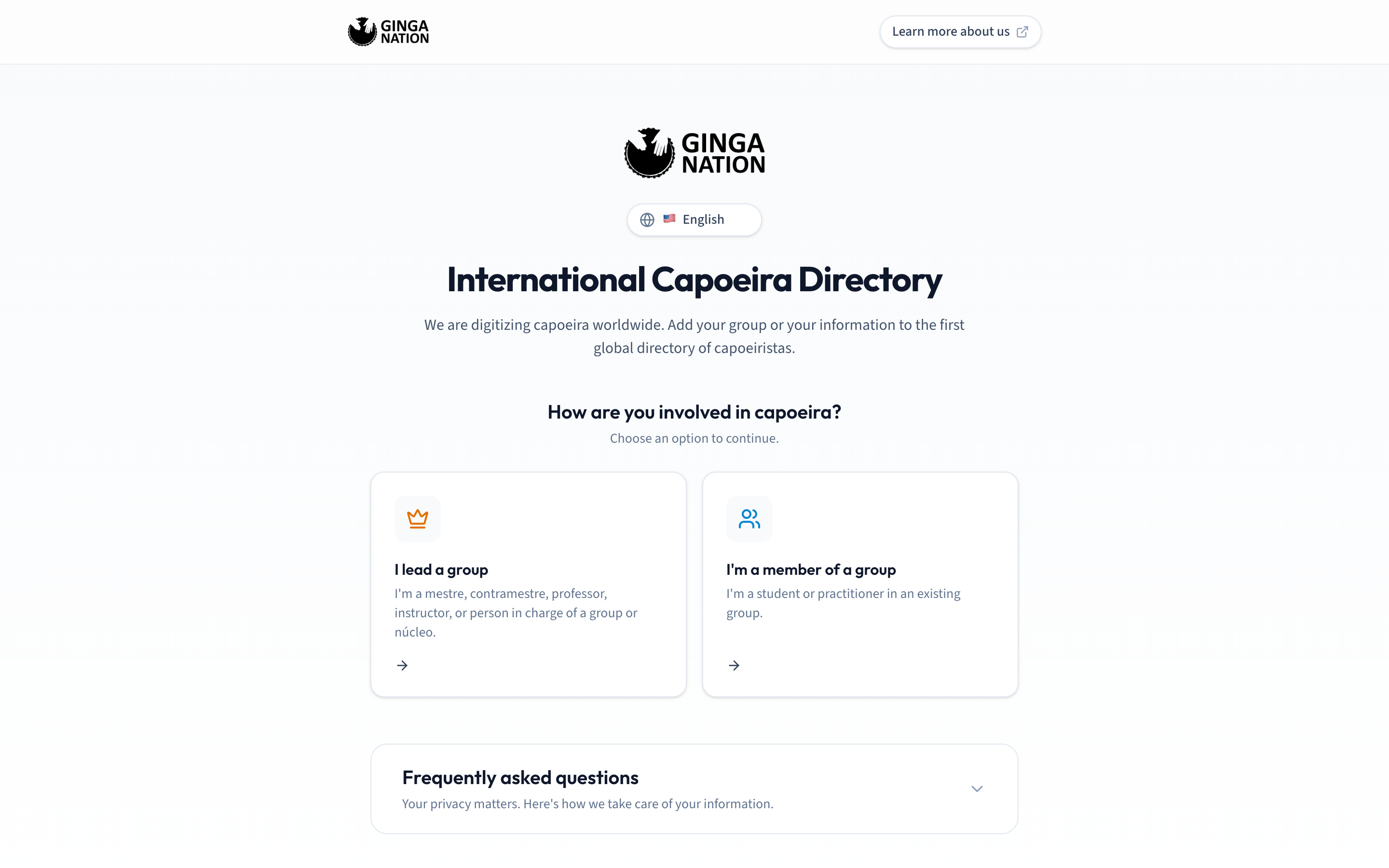 The public International Capoeira Directory form asking how you are involved in capoeira, with the lead-a-group and member options