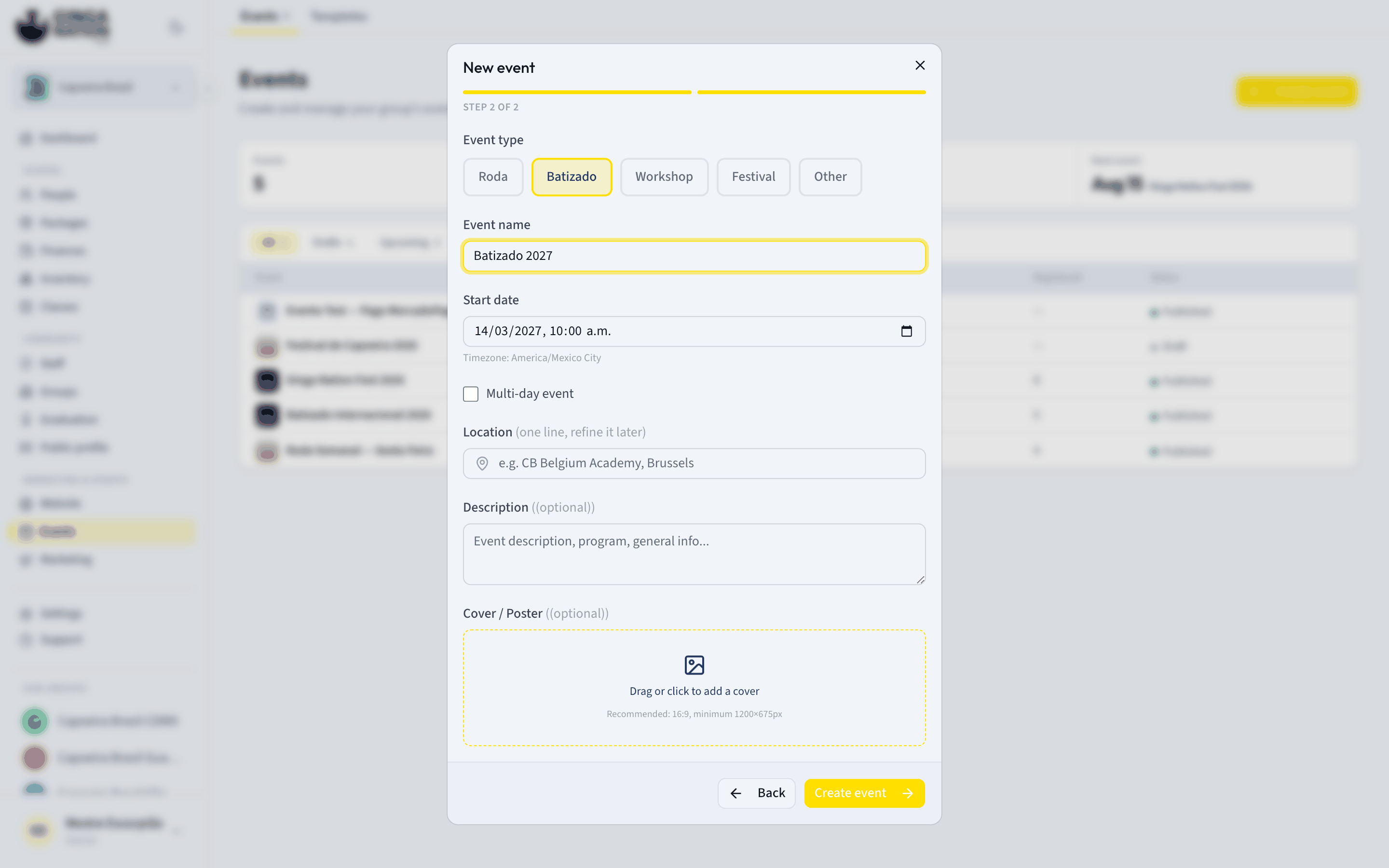Step 2 of the New event dialog with Event type, Event name, Start date, Location, Description and Cover / Poster