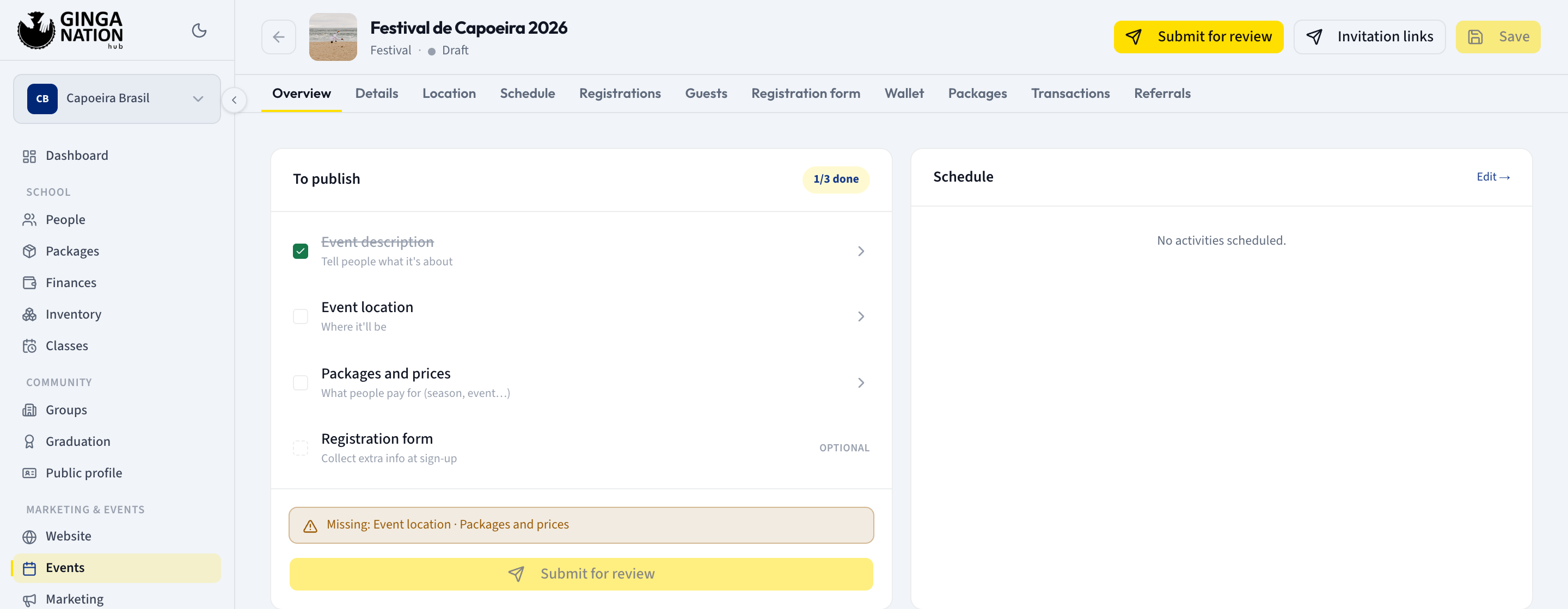 A freshly created event showing the Draft status, the Submit for review and Save buttons, and the tab bar