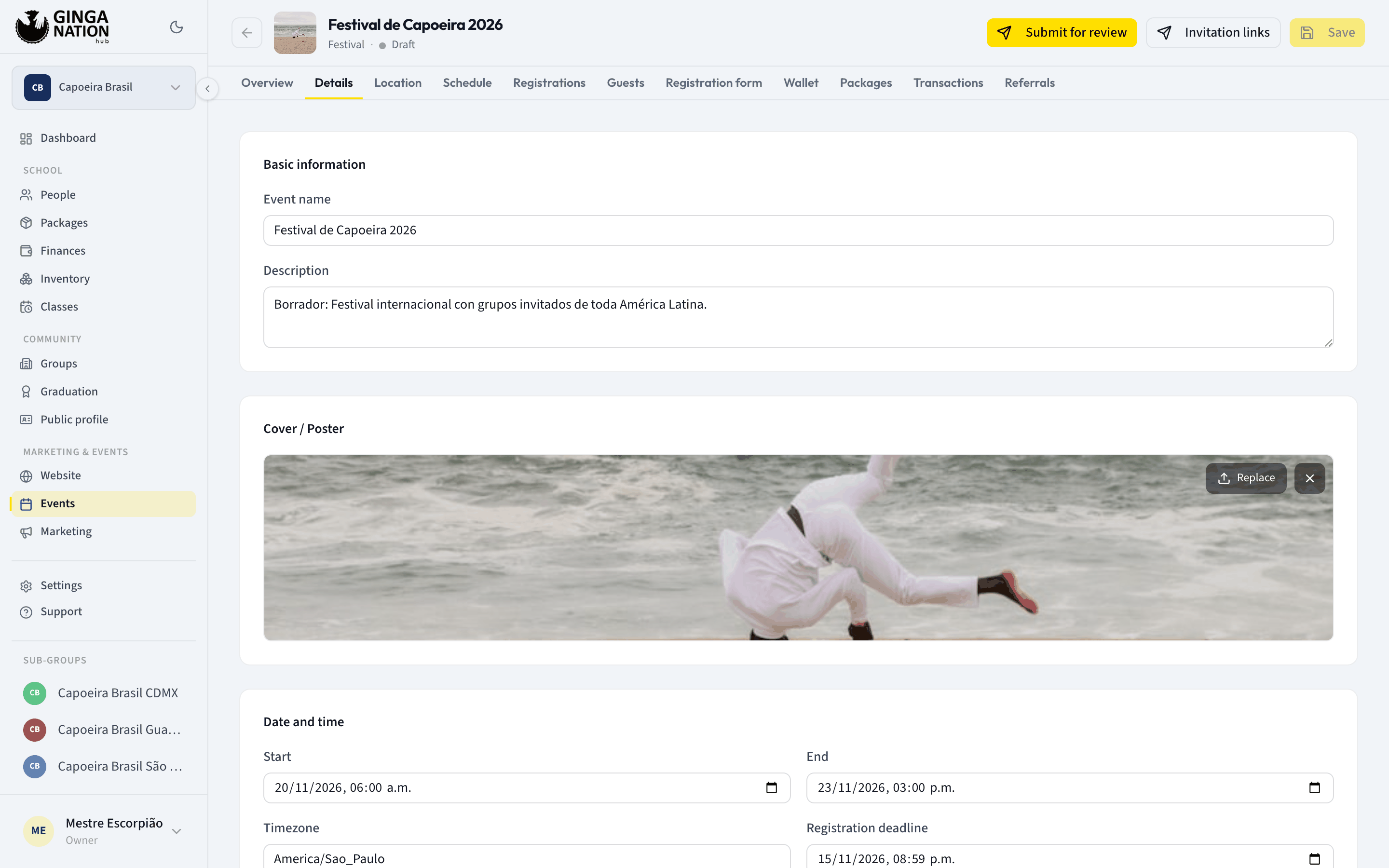 The Date and time panel on the Details tab with Start, End, Timezone and Registration deadline