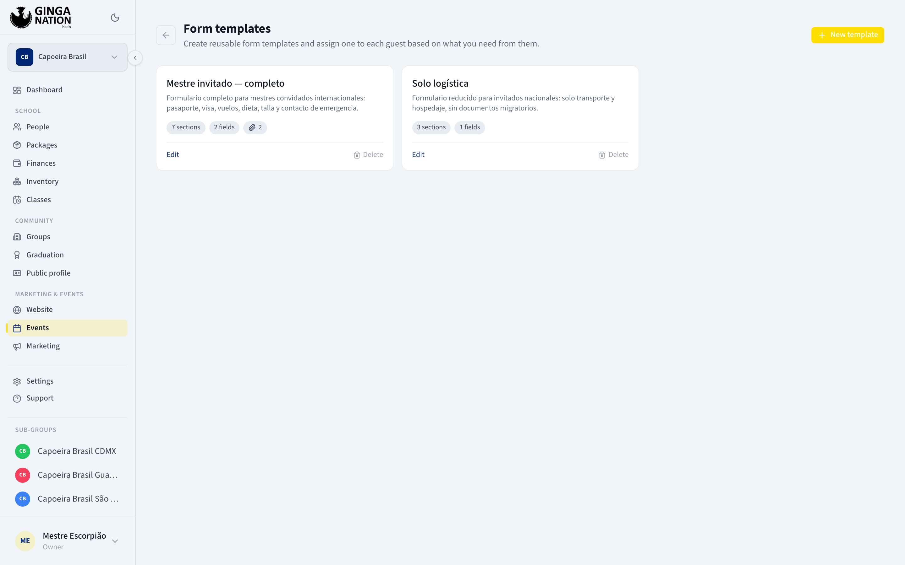 The Form templates page with template cards and the New template button