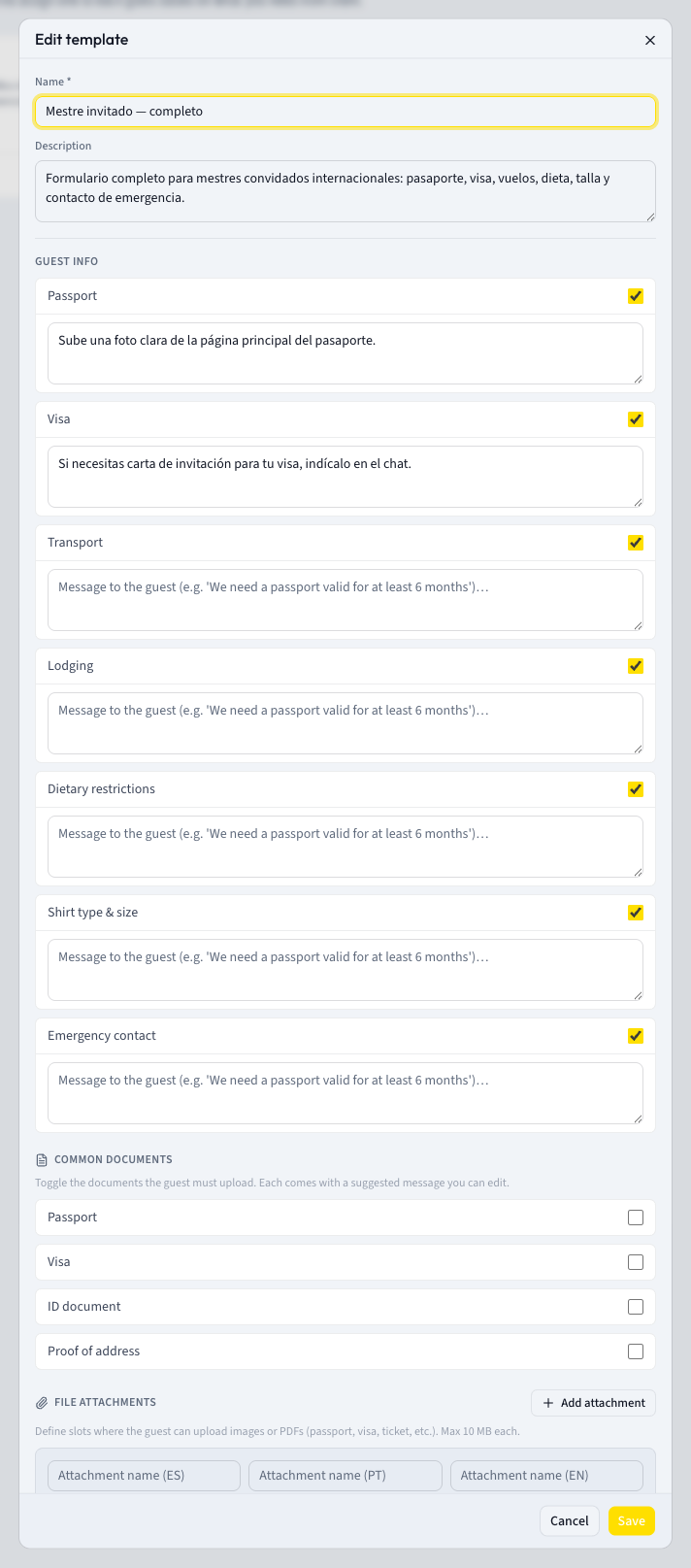 The New template dialog with Name, Description and the section toggles, common documents, attachments, custom fields and negotiation terms