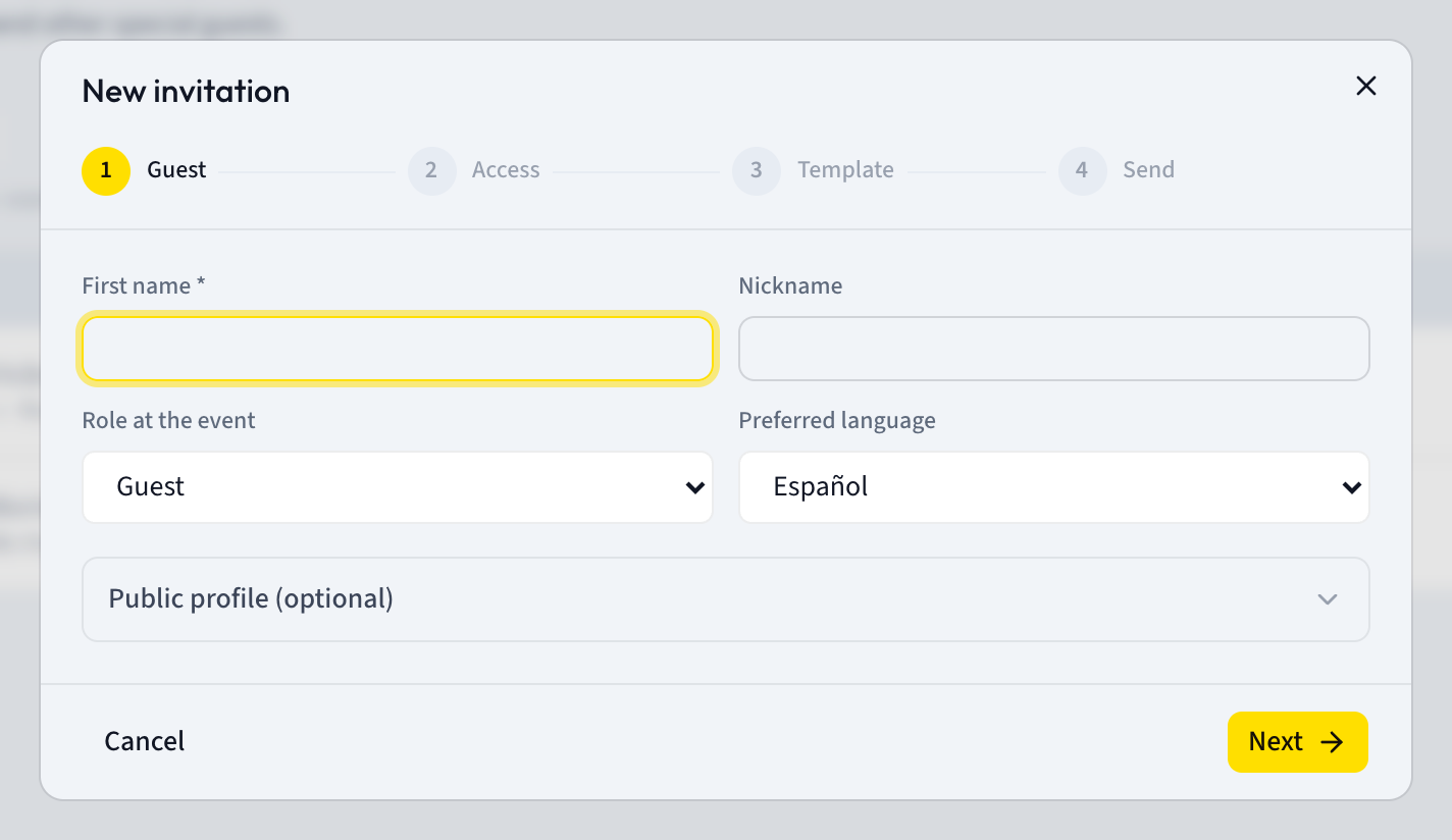 Step Guest of the New invitation wizard with First name, Nickname, Role at the event and Preferred language
