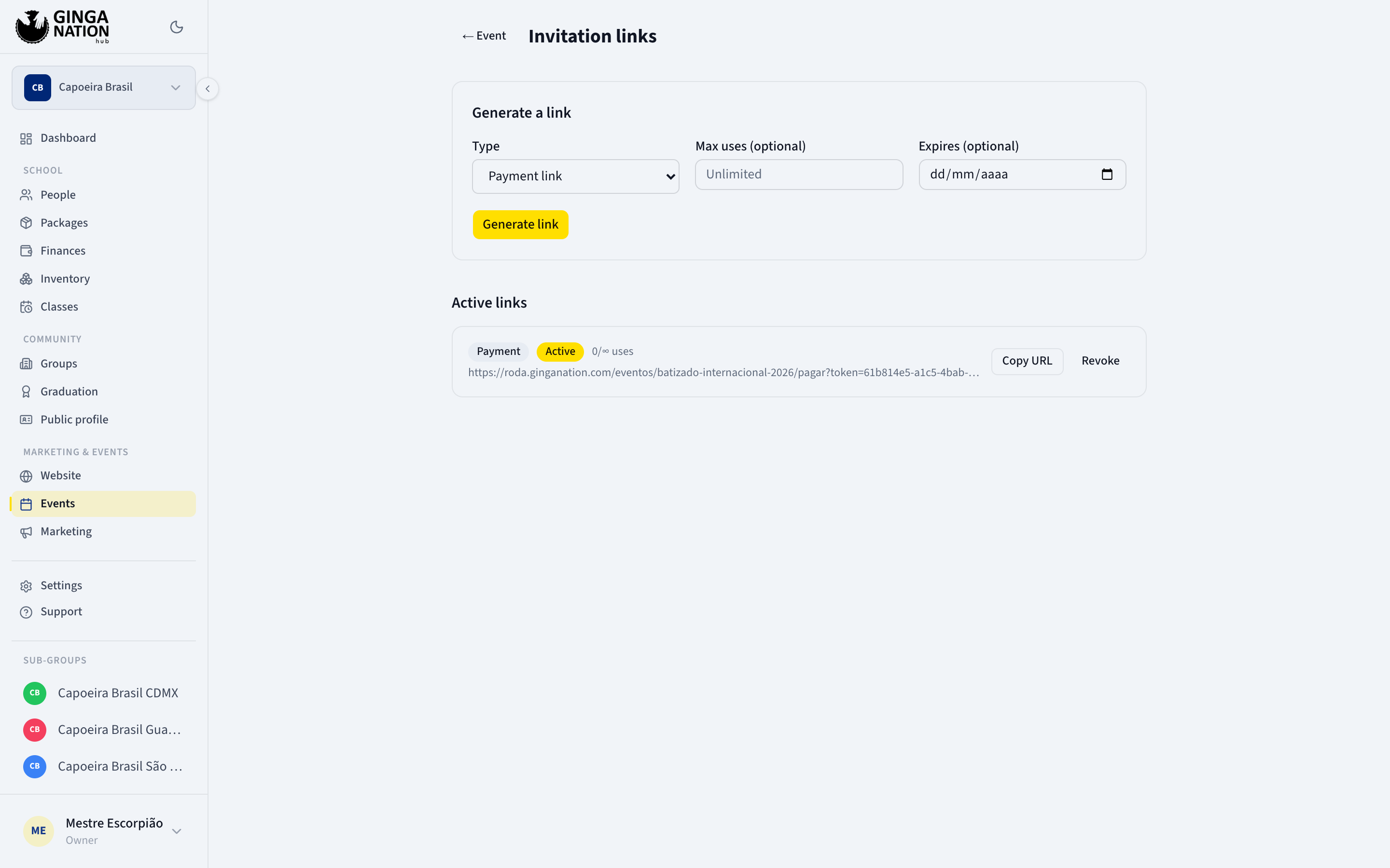The Invitation links page with the Generate a link form and the list of active links