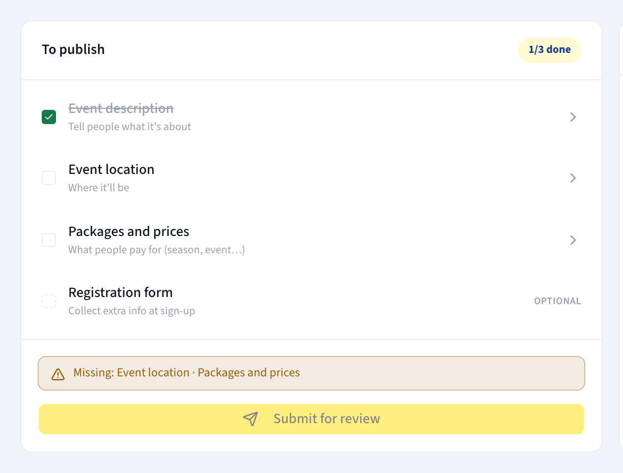 The To publish checklist on the Overview tab of a draft event, with Event description, Event location and Packages and prices