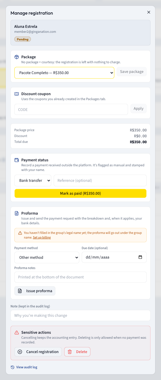 The Manage registration dialog showing Package, Discount coupon, the amounts summary, Payment status and Sensitive actions
