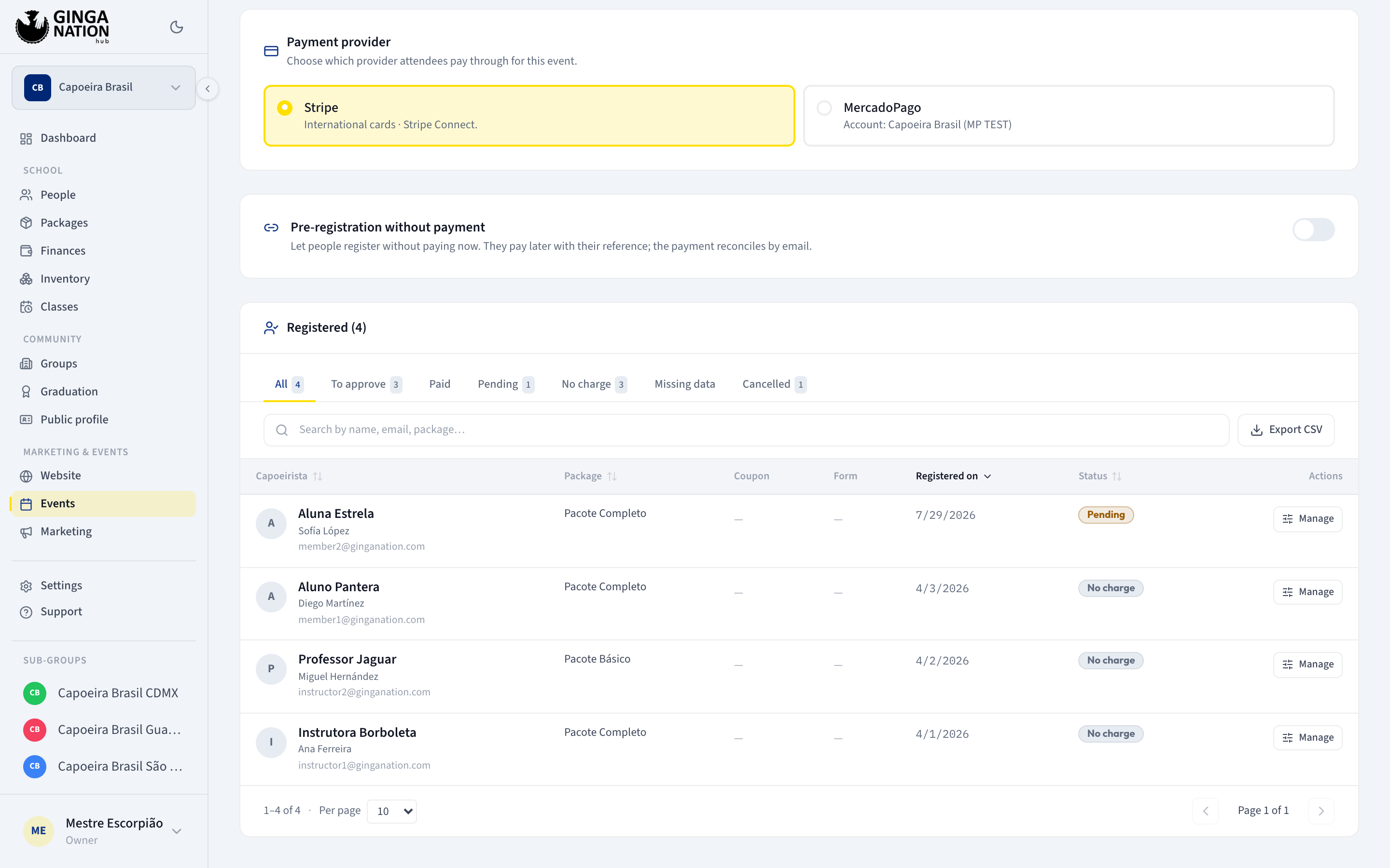 The registrations table with its filter tabs, search box, Export CSV button and columns