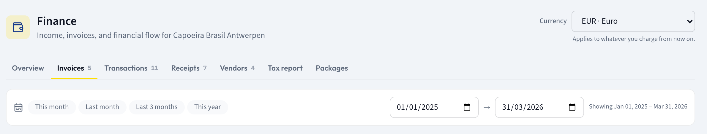 The Finances tab row with counts, the currency picker, and the date range card with its four presets and From and To fields