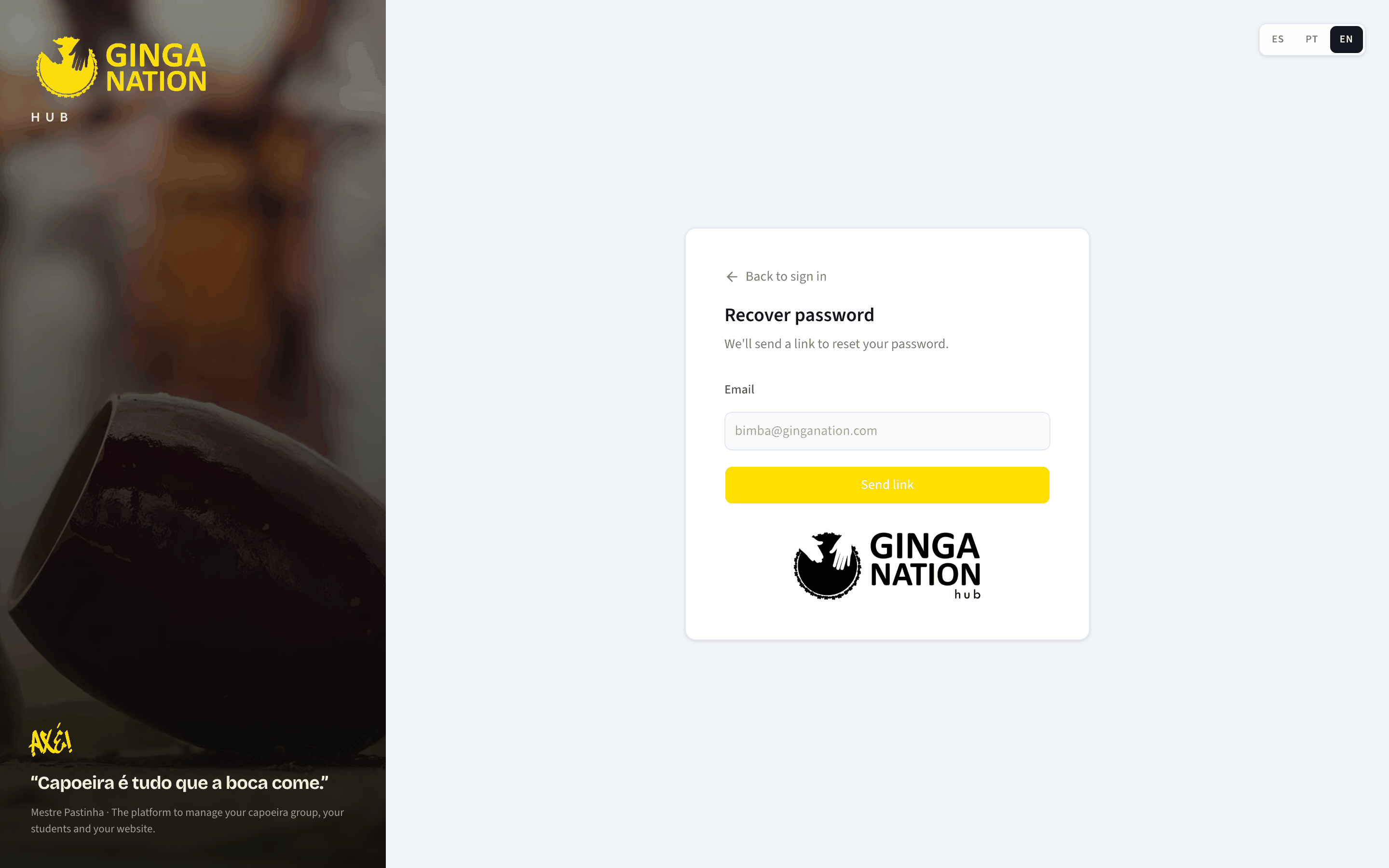 The Recover password page asking for the account's email address