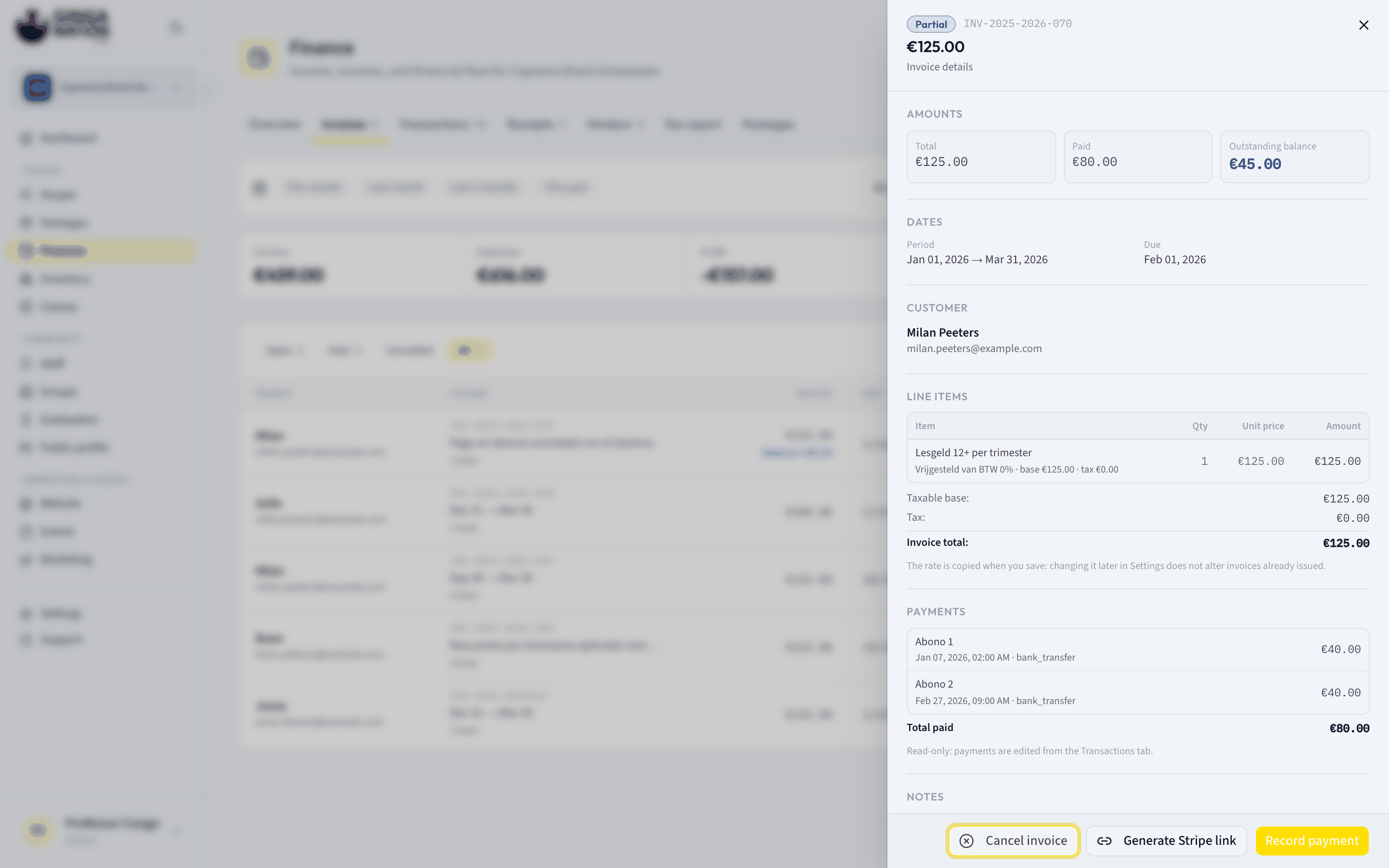 The Invoice details side panel showing Amounts, Dates, Customer, Line items and Payments sections
