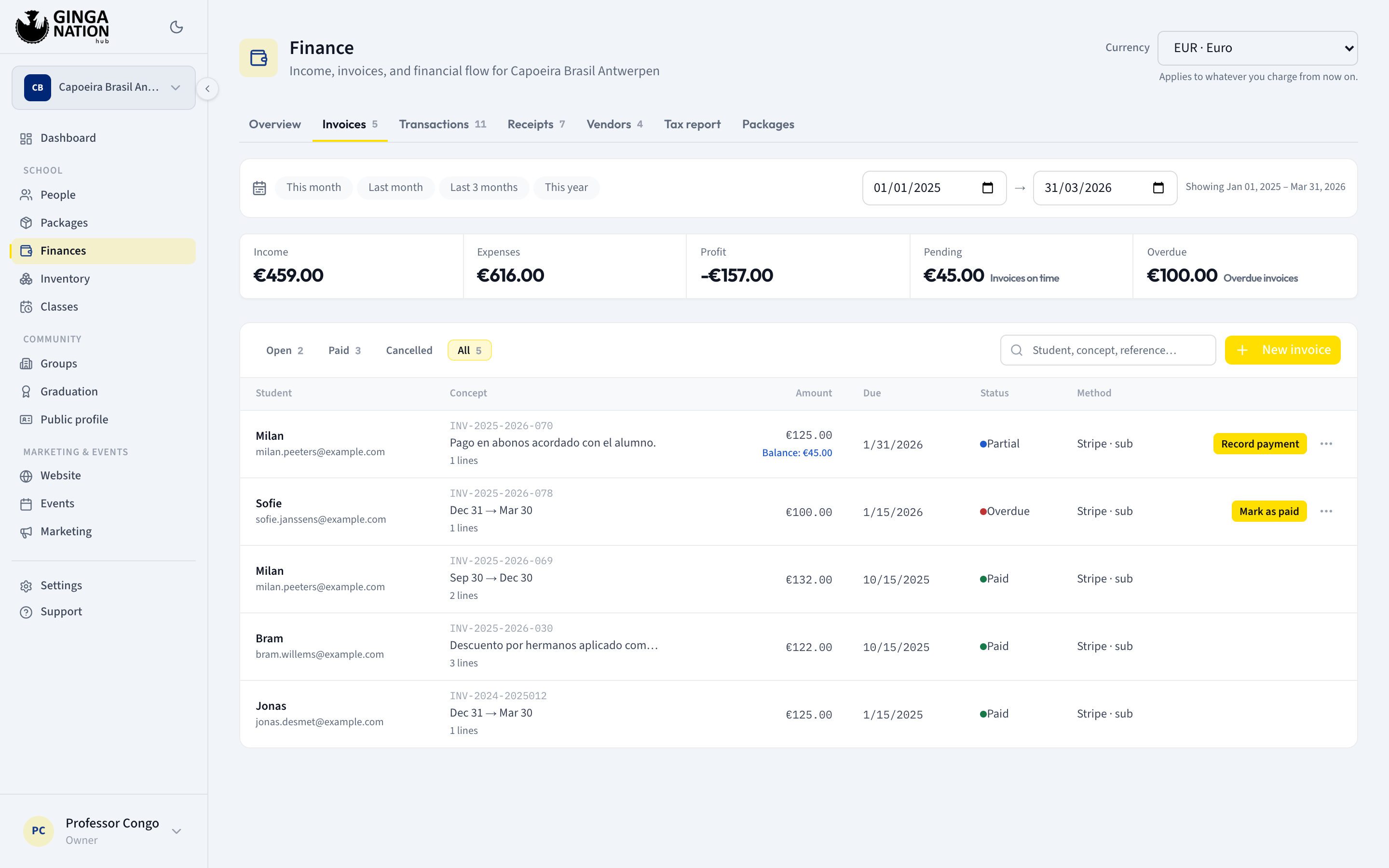 The Invoices tab with the Open, Paid, Cancelled and All filters, the search box, the New invoice button and the invoice table