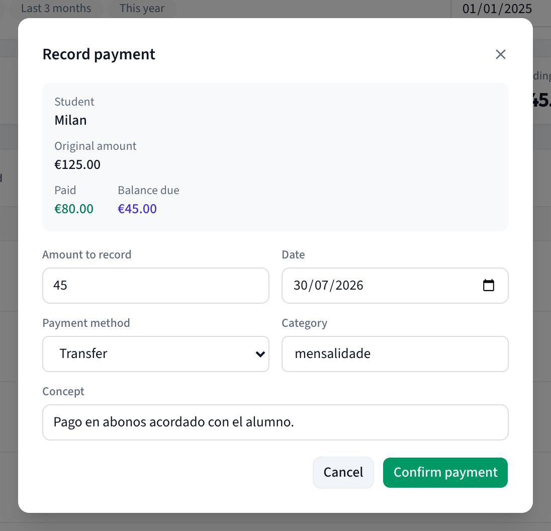 The Mark invoice as paid dialog with Student, Original amount, Amount to record, Date, Payment method, Category and Concept