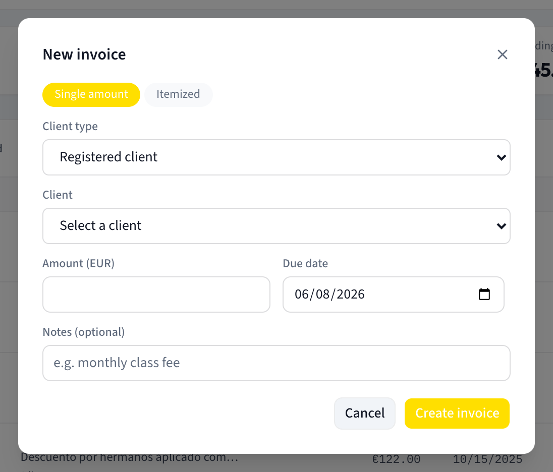 The New invoice dialog showing the Single amount and Itemized chips, the Client type selector, the Client dropdown, Due date and Notes