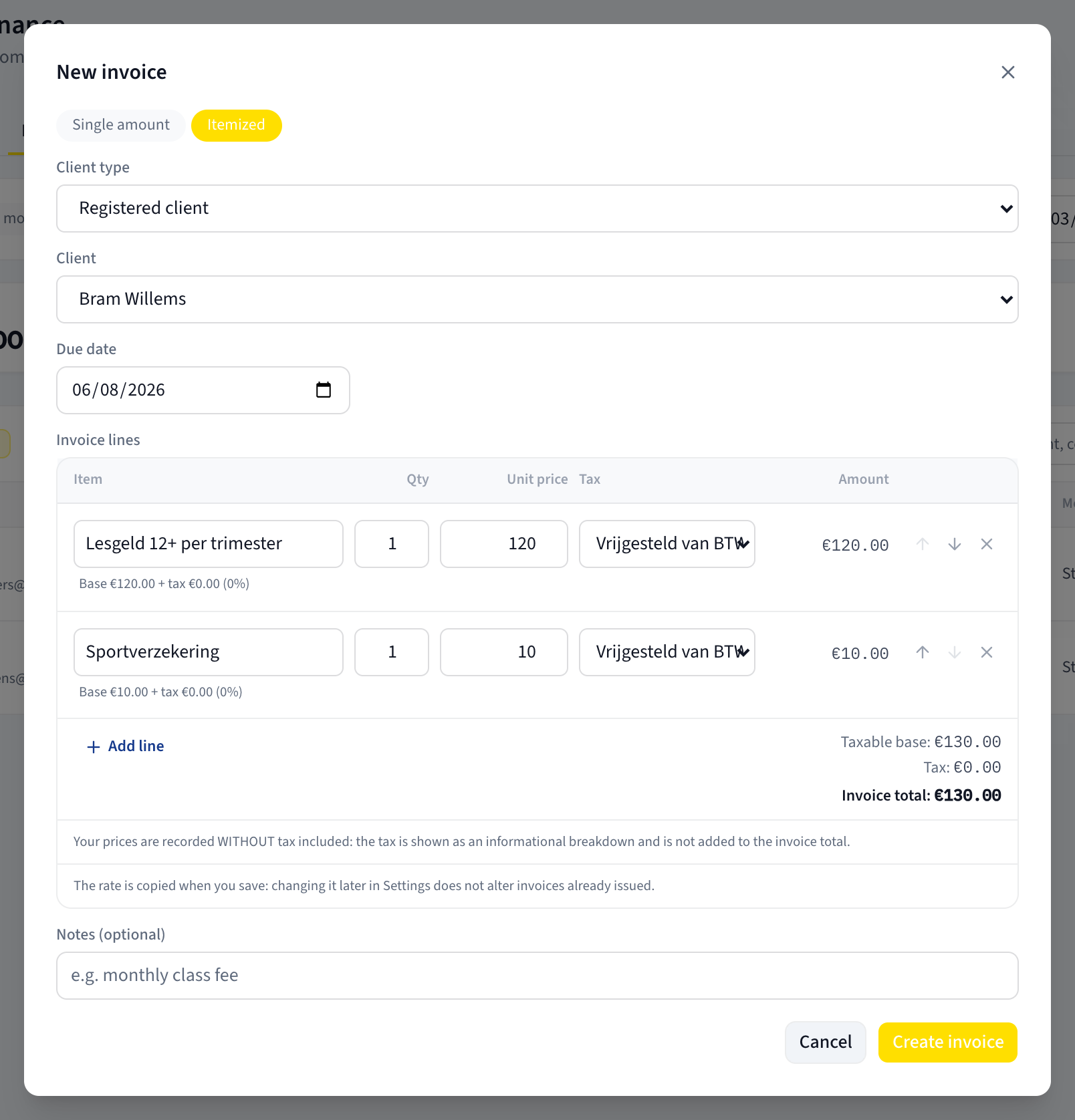 The Itemized invoice line editor with the Item, Qty, Unit price, Tax and Amount columns and the per-line base and tax hint