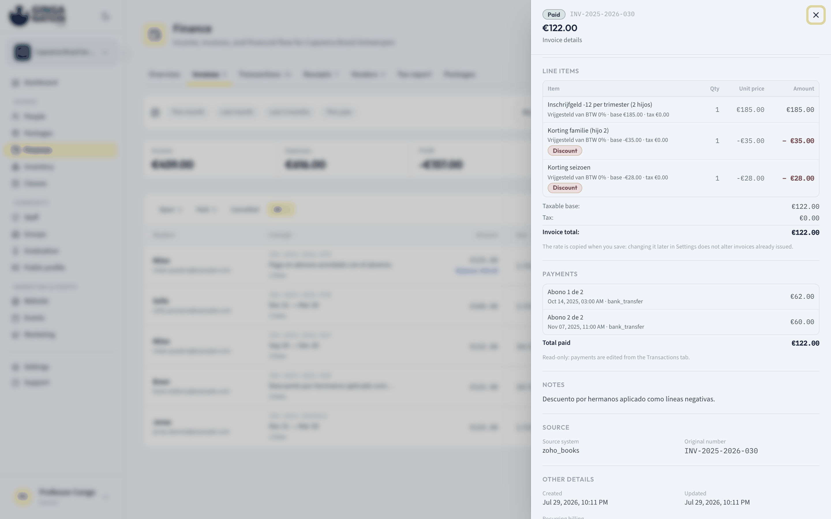 The Invoice details panel Line items section with the tax snapshot under each item, a Discount badge, and the taxable base, tax and total