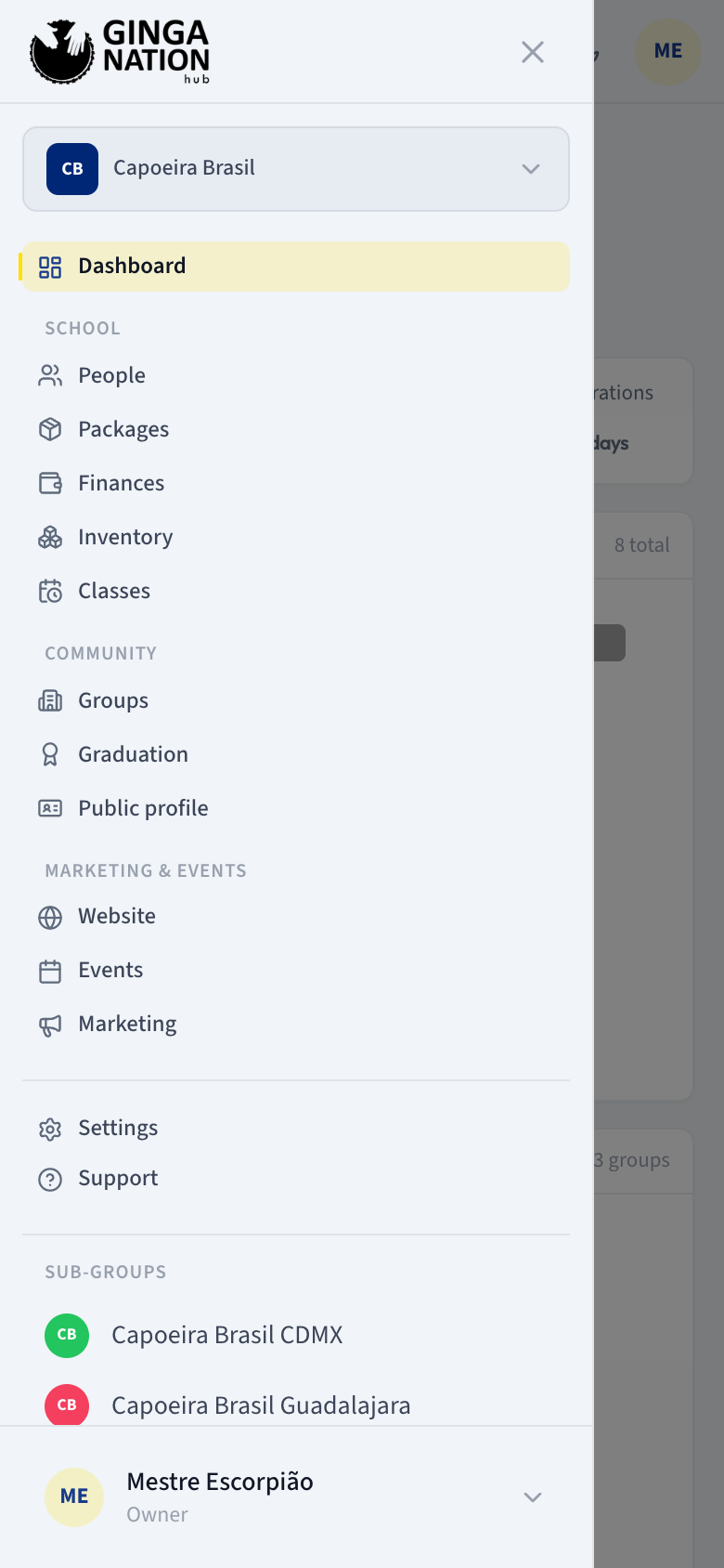 The hub on a phone: the top bar with the menu button and the navigation drawer open over the page