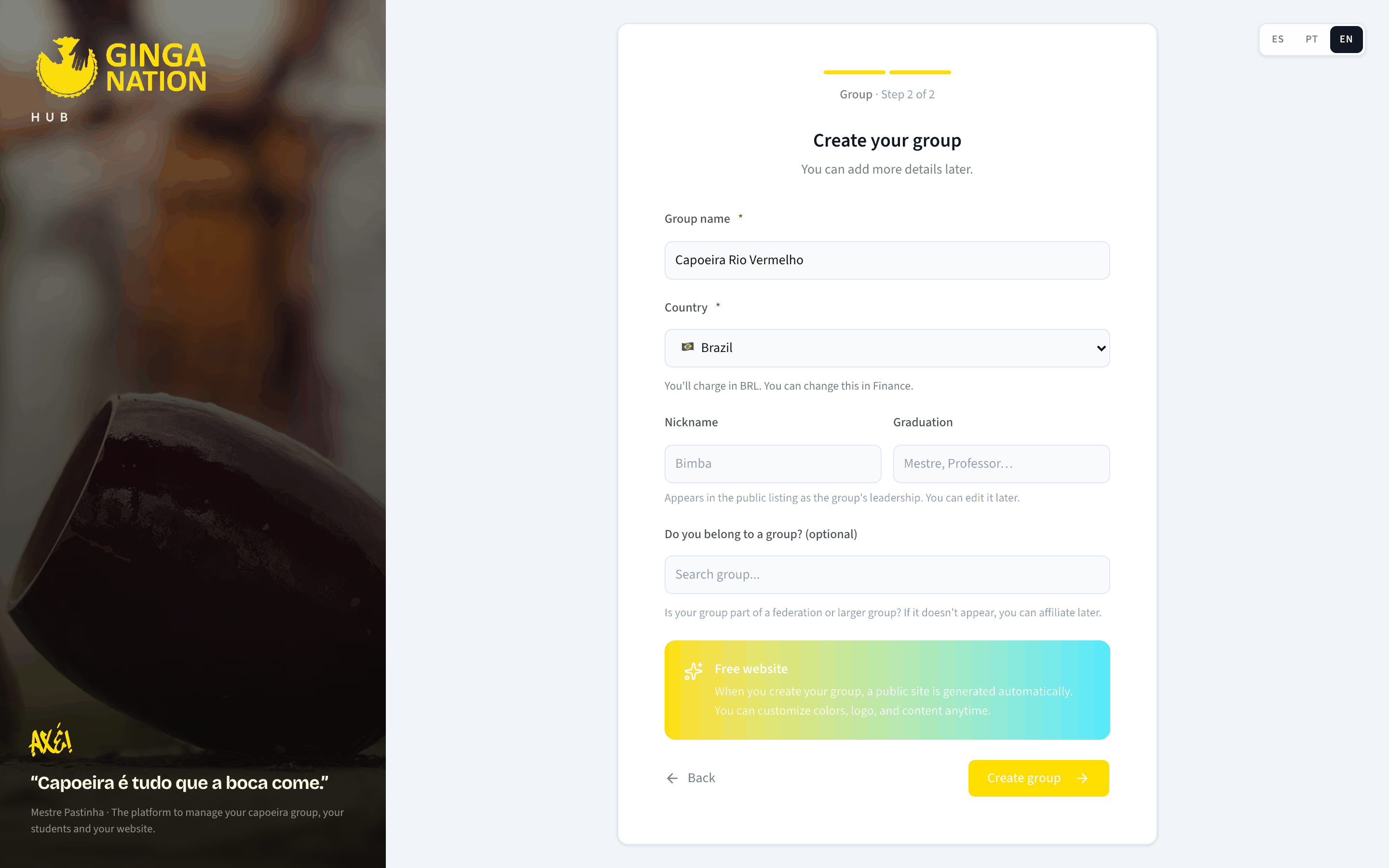 Step 2 of onboarding with Group name, Country, leadership fields and the parent-group search