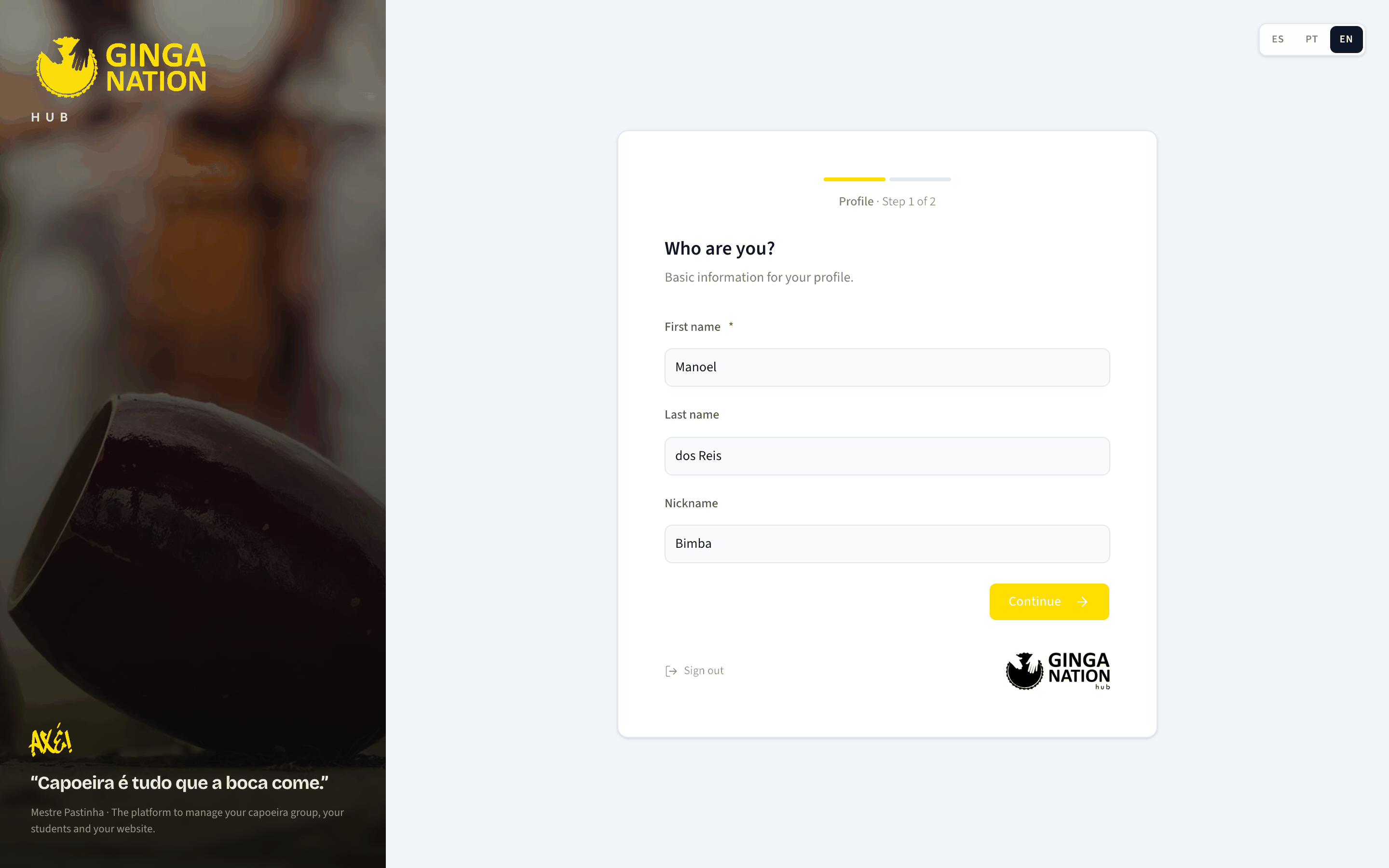 Step 1 of onboarding, Who are you?, with the First name, Last name and Nickname fields
