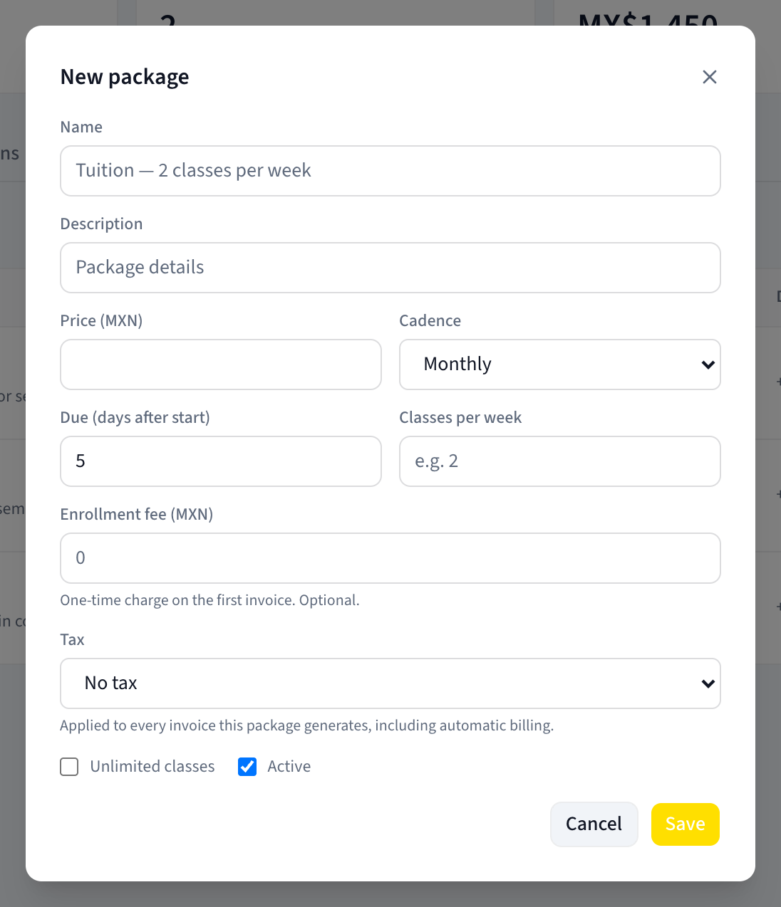 The New package dialog showing Name, Description, Price, Cadence, Due, Classes per week, Enrollment fee and Tax