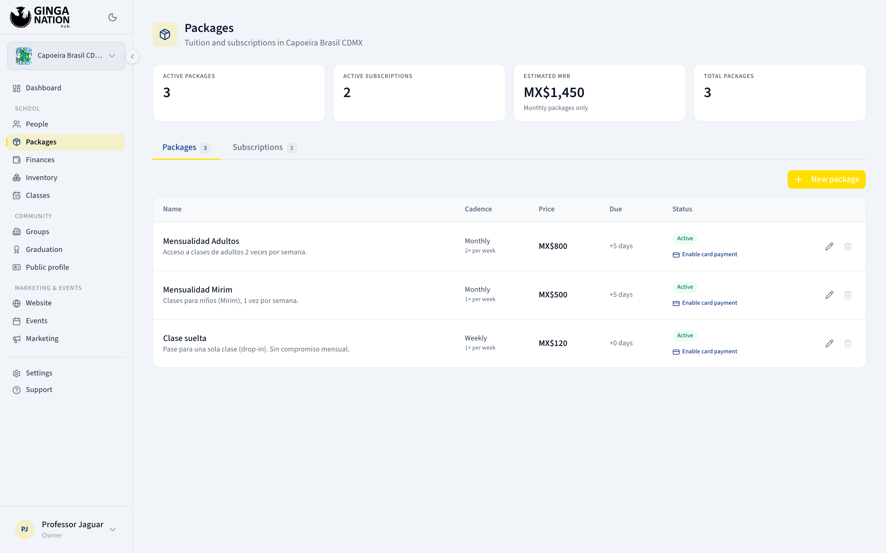 The Packages tab listing three tuition plans with their cadence, price, due window and status
