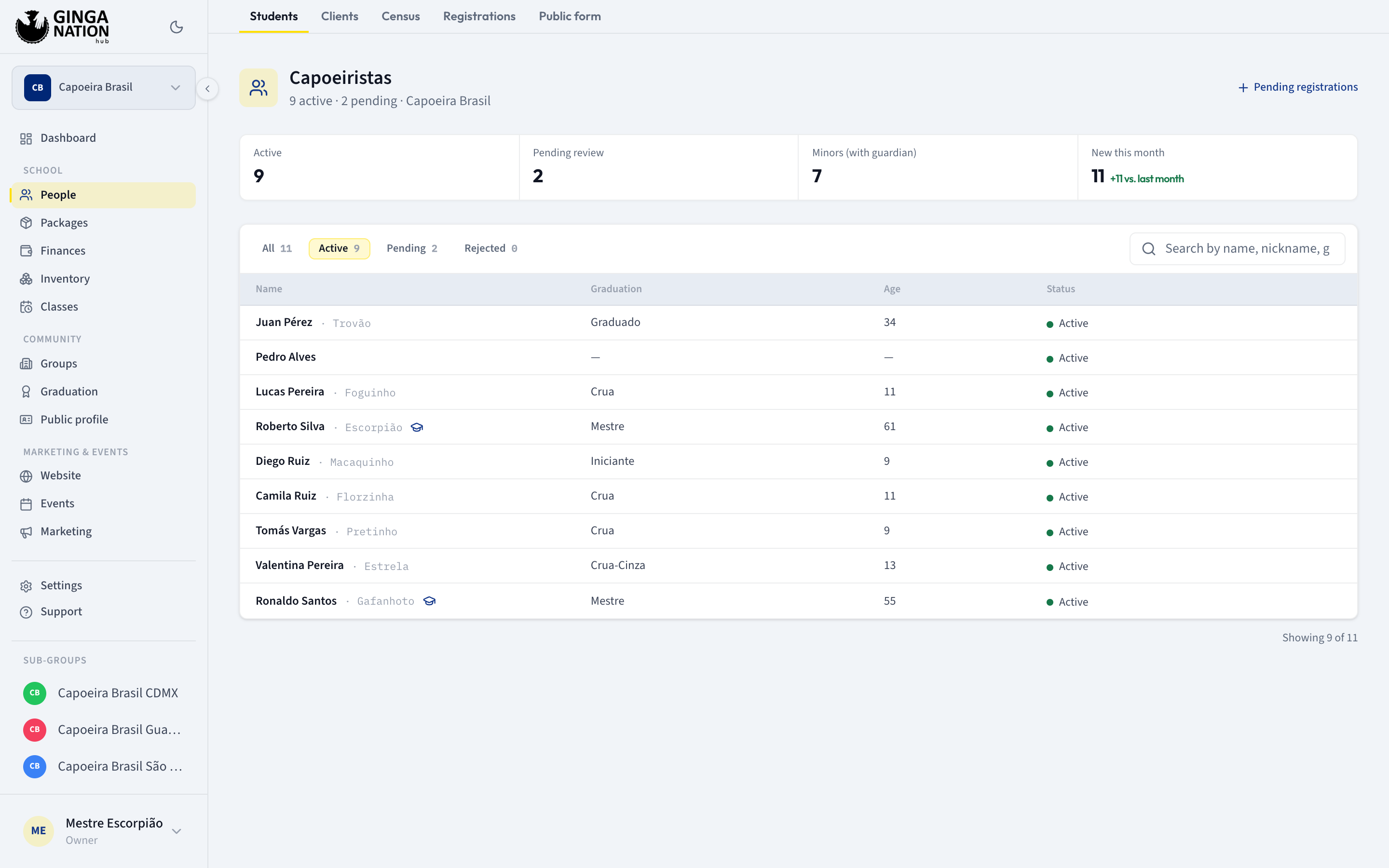 The roster with its four counters, the status chips, the search box and the student table