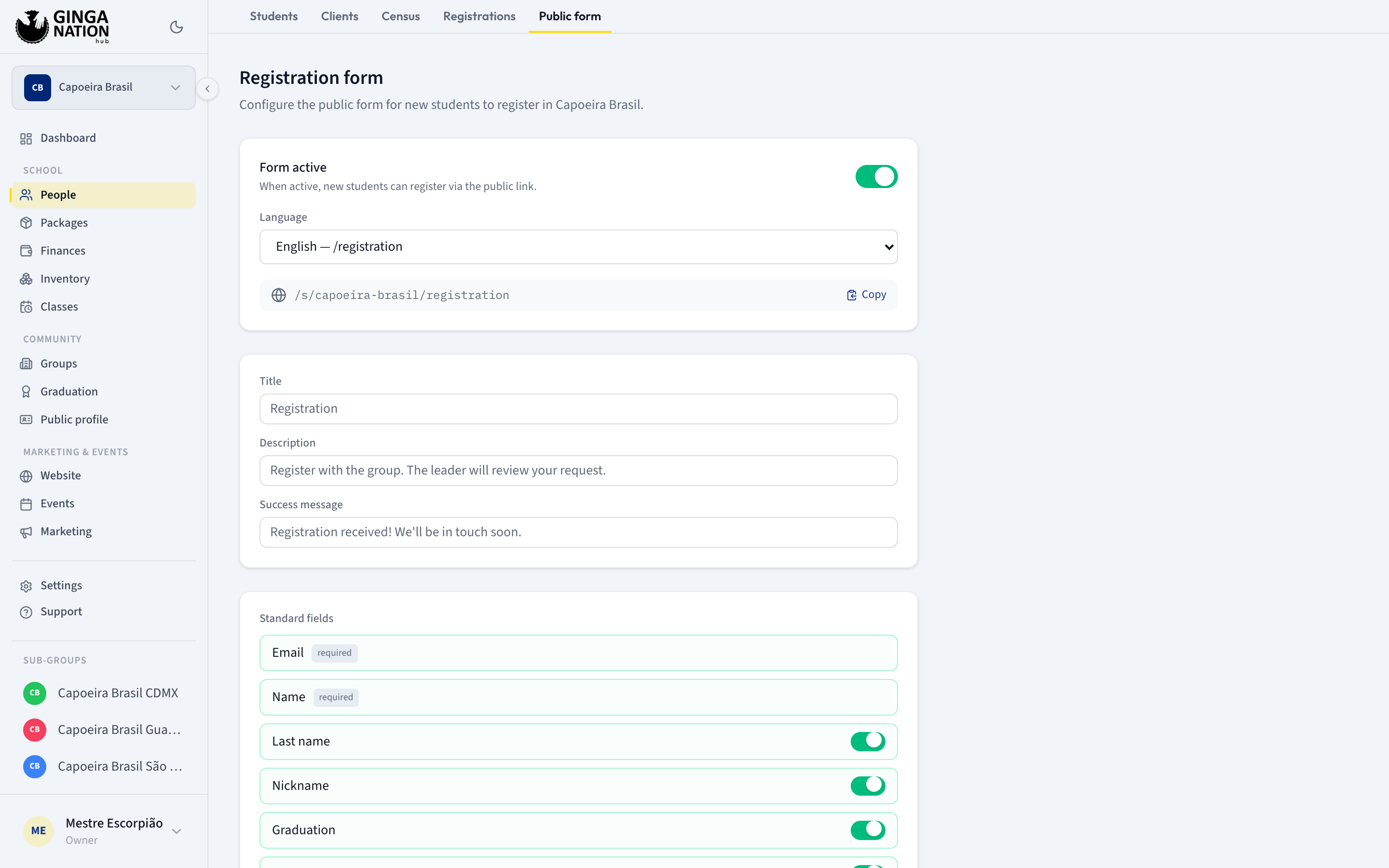 The Registration form editor with Form active turned on, the Language dropdown, and the share link with a Copy button