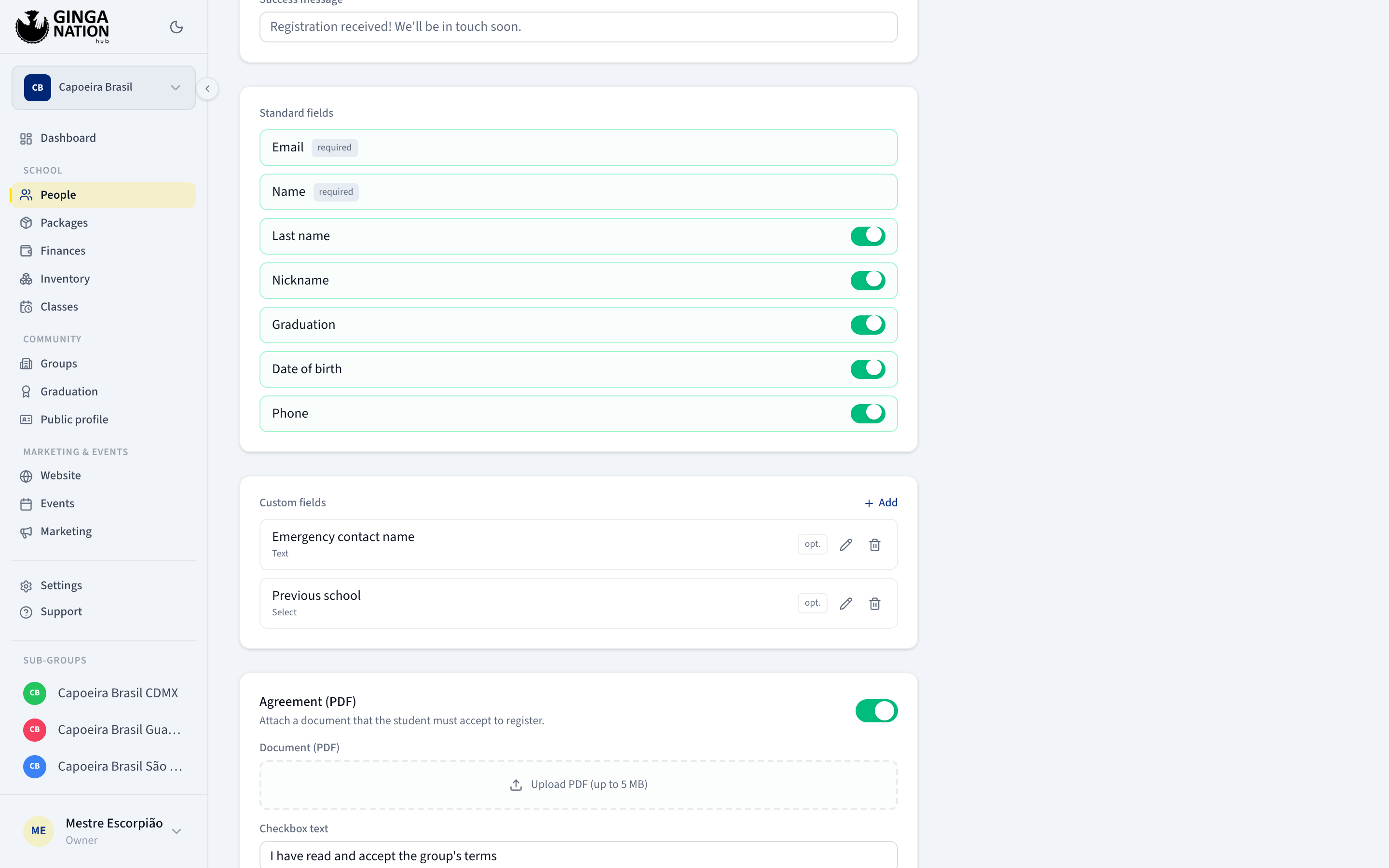 Standard fields with their toggles, two custom fields, and the Agreement (PDF) block
