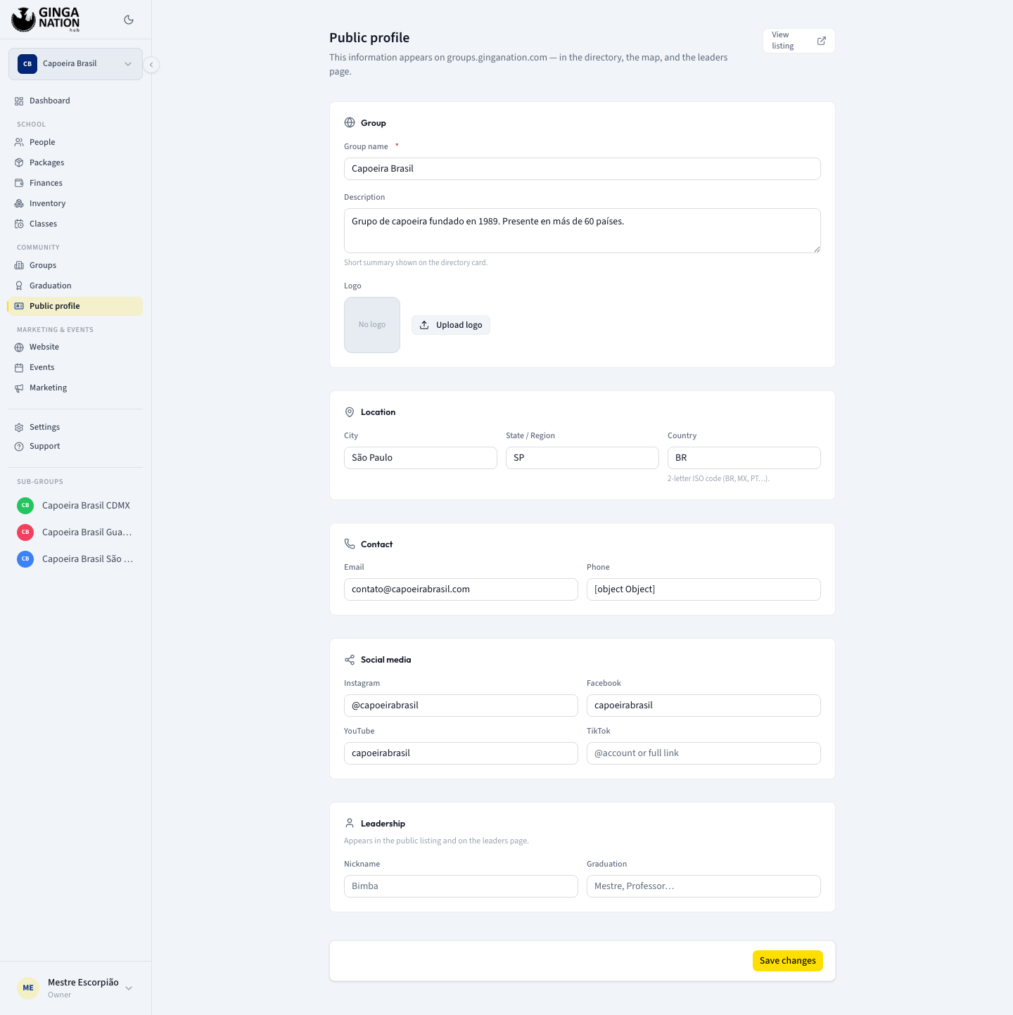 The Public profile form with its Group, Location, Contact, Social media and Leadership sections