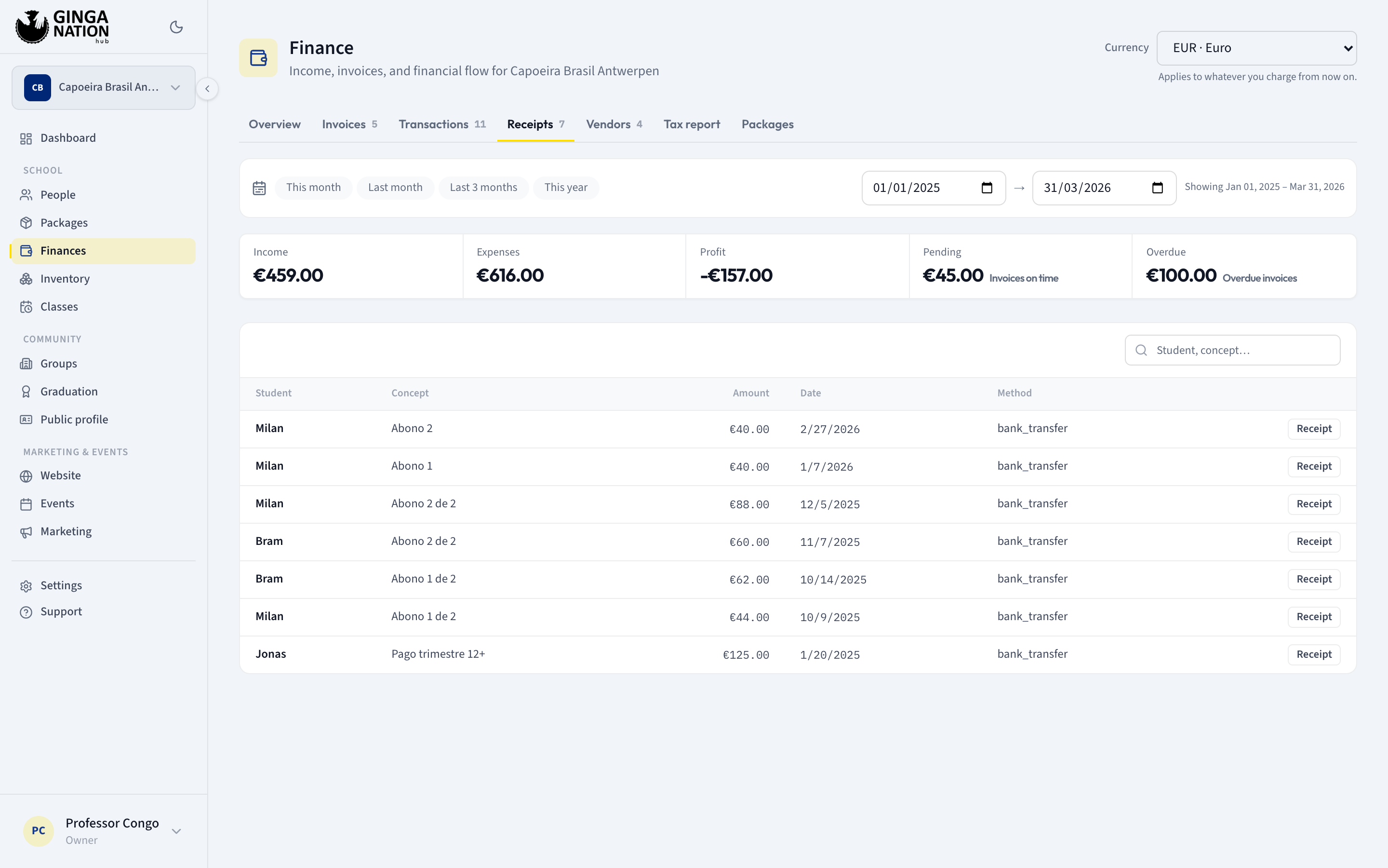 The Receipts tab listing income payments with Student, Concept, Amount, Date and Method columns and a Receipt button on each row