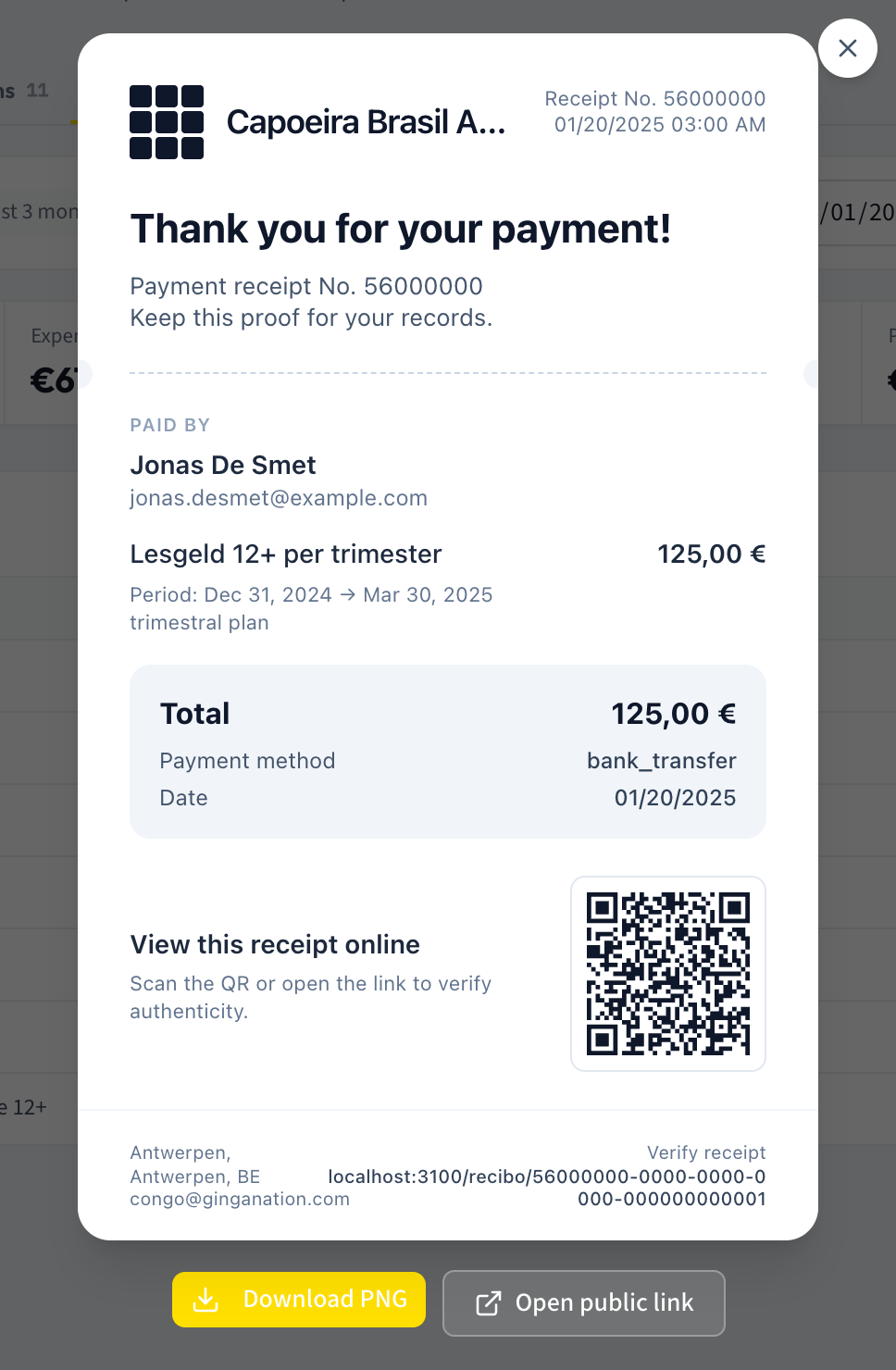 The receipt card with the group logo and name, Paid by, the line item, the Total block and the QR code, above the Download PNG and Open public link buttons